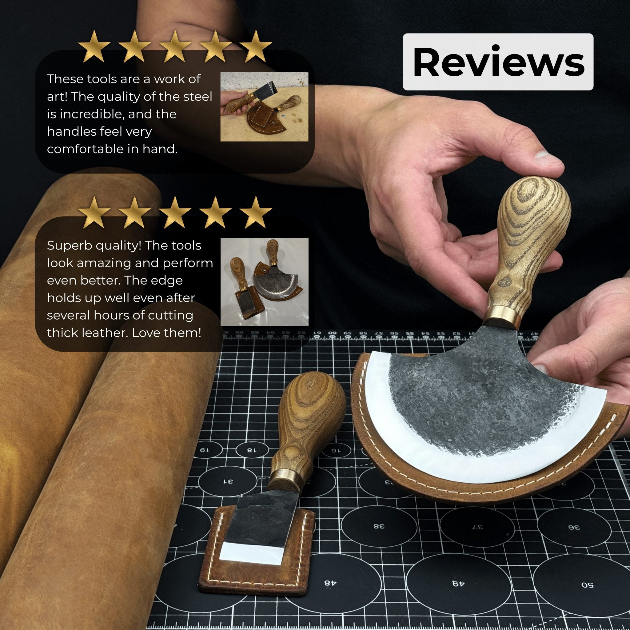 2-Piece Straight and Round Half Moon Leather Knife Set with ash wood handles and protective sheaths