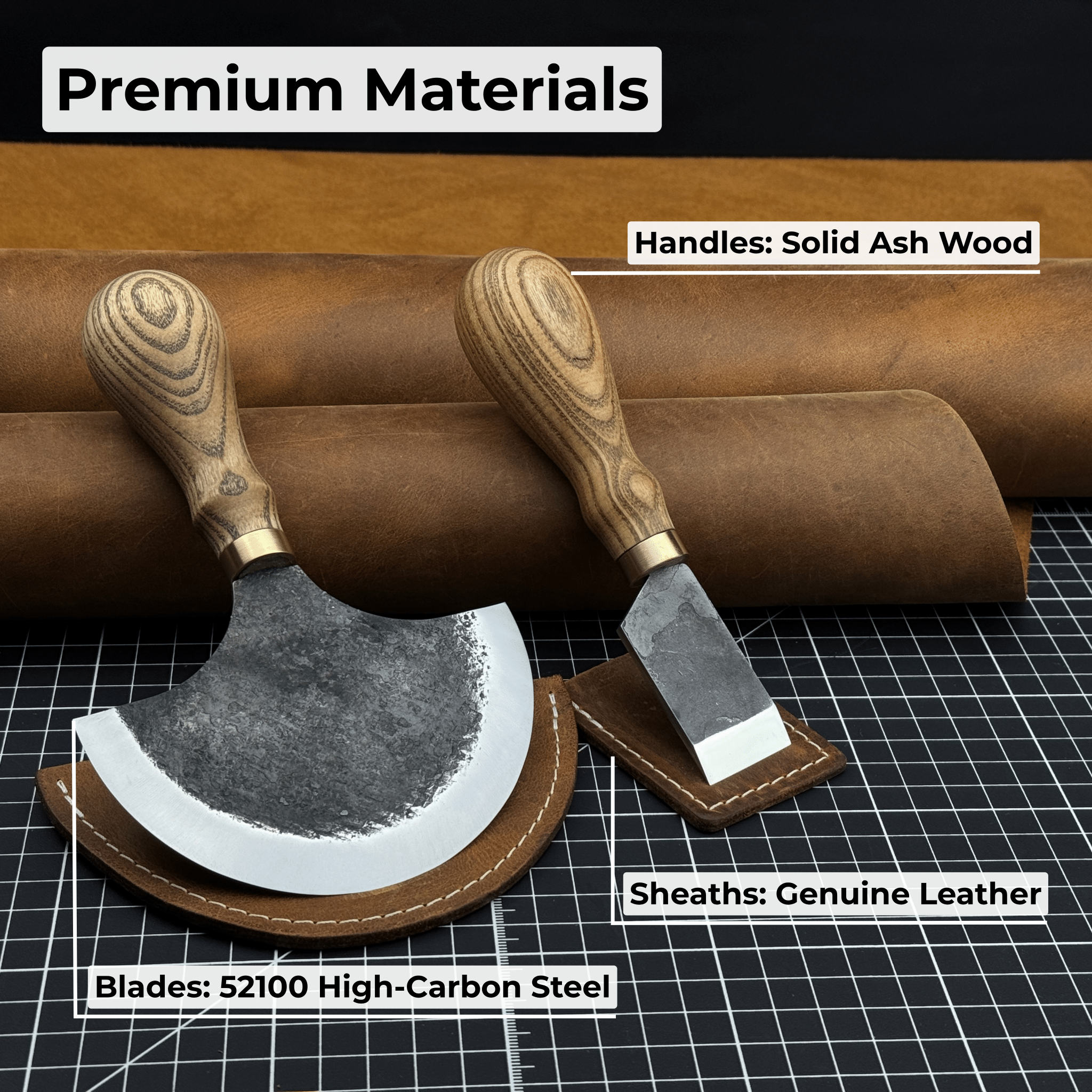 2-Piece Straight and Round Half Moon Leather Knife Set with ash wood handles and protective sheaths