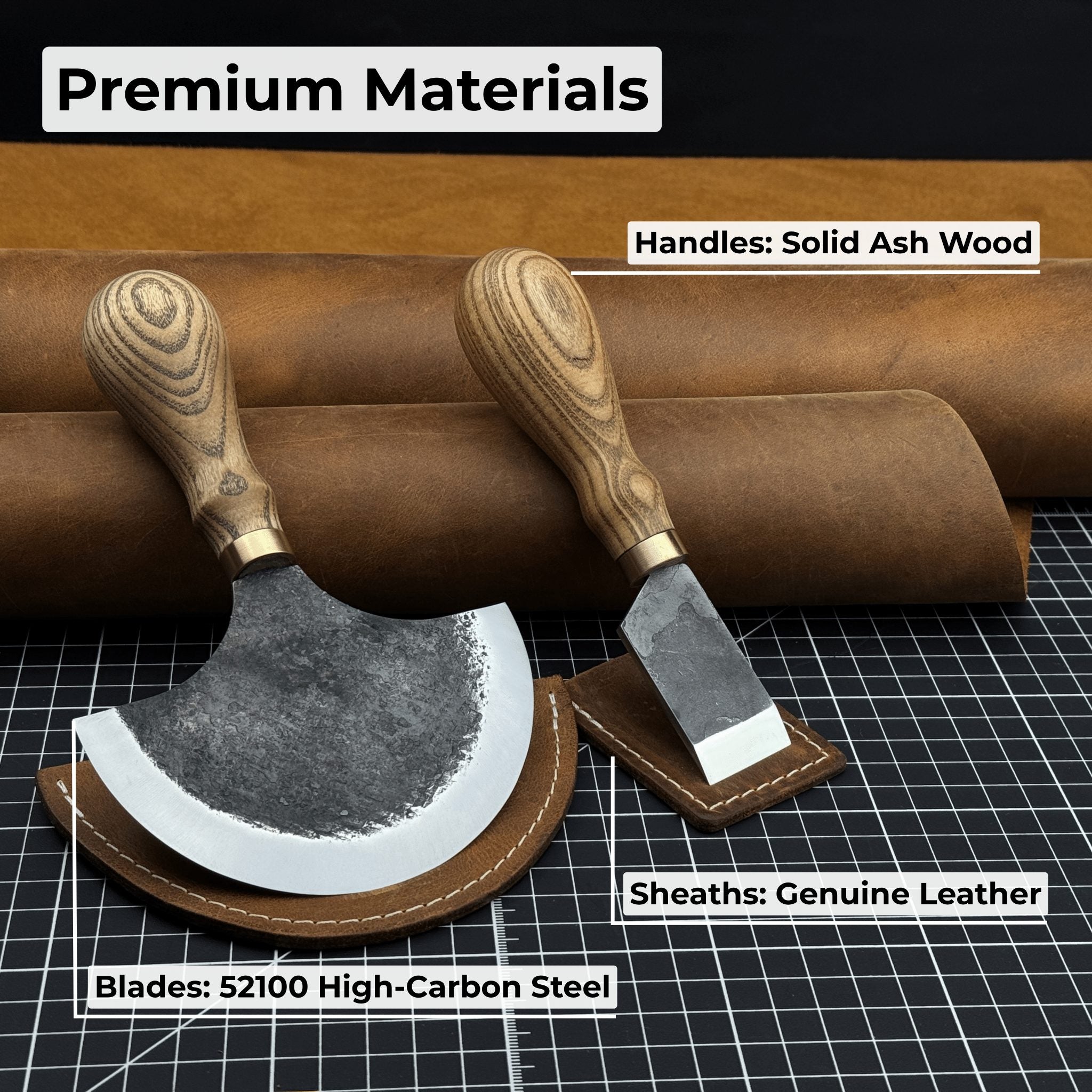 2-Piece Straight and Round Half Moon Leather Knife Set with ash wood handles and protective sheaths