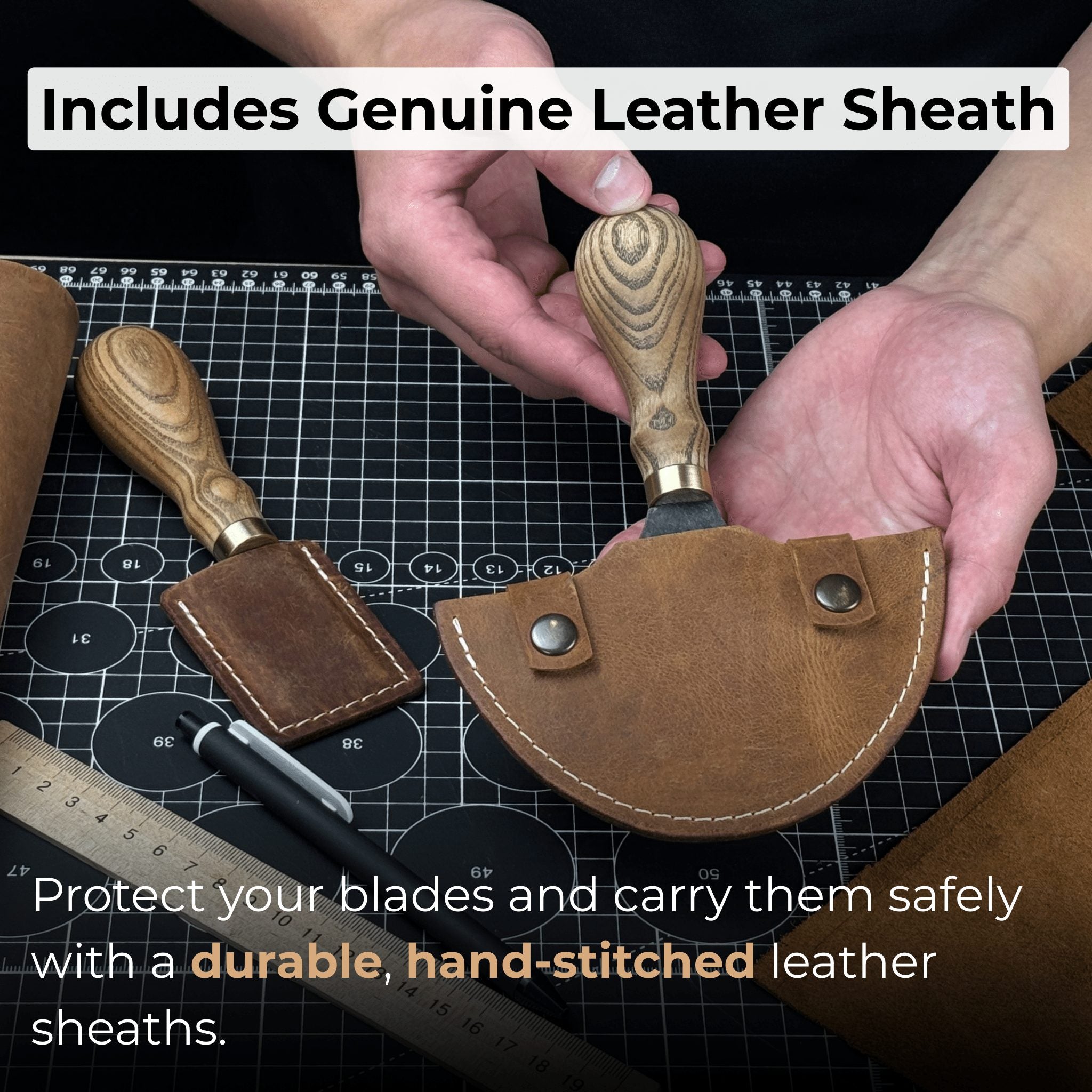 2-Piece Straight and Round Half Moon Leather Knife Set with ash wood handles and protective sheaths
