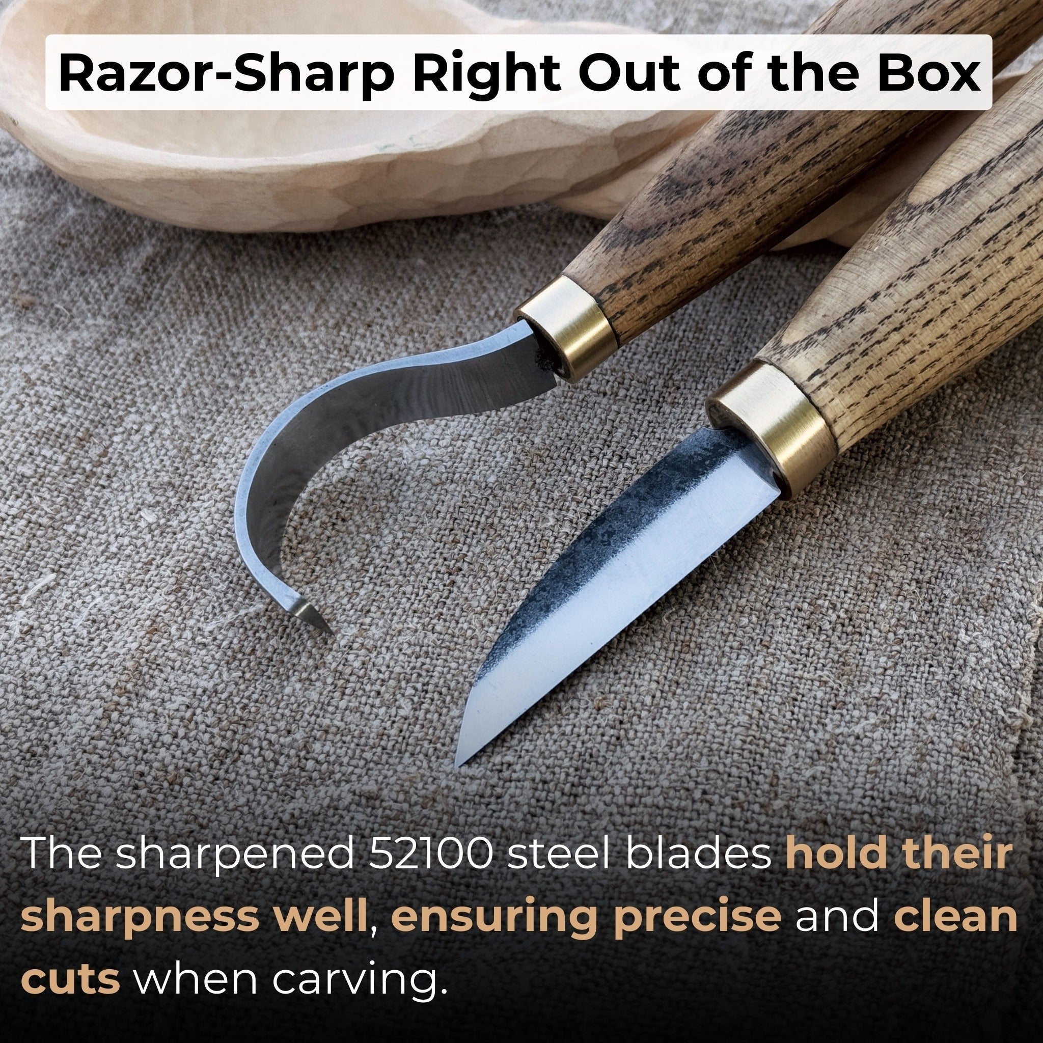 2-piece wood carving knife set with whittling and hook knives, ash wood handles, and leather sheath