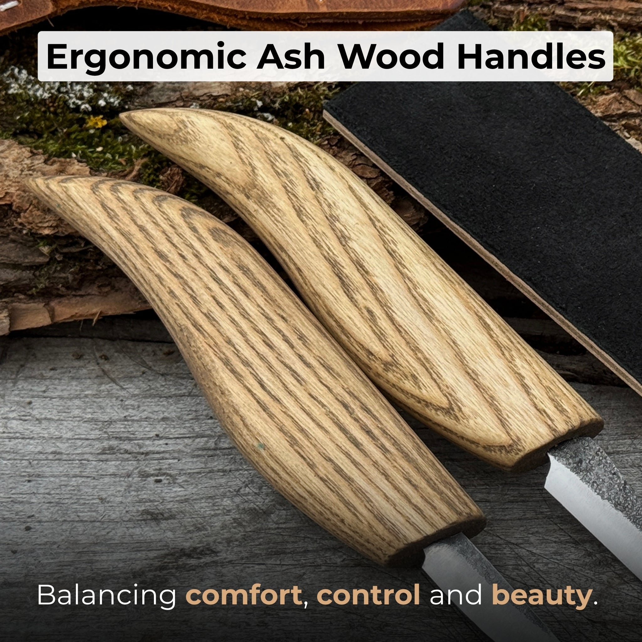 2-piece wood carving knife set with leather strop and leather case by Sharky Forged Steel Tools