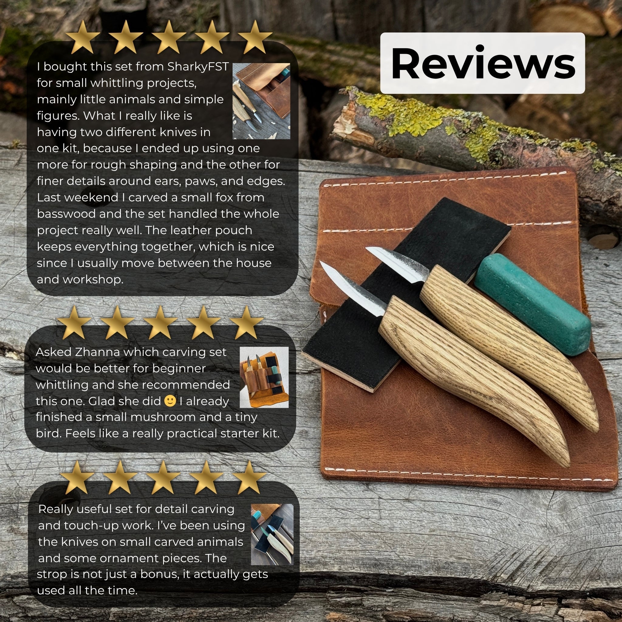 2-piece wood carving knife set with leather strop and leather case by Sharky Forged Steel Tools