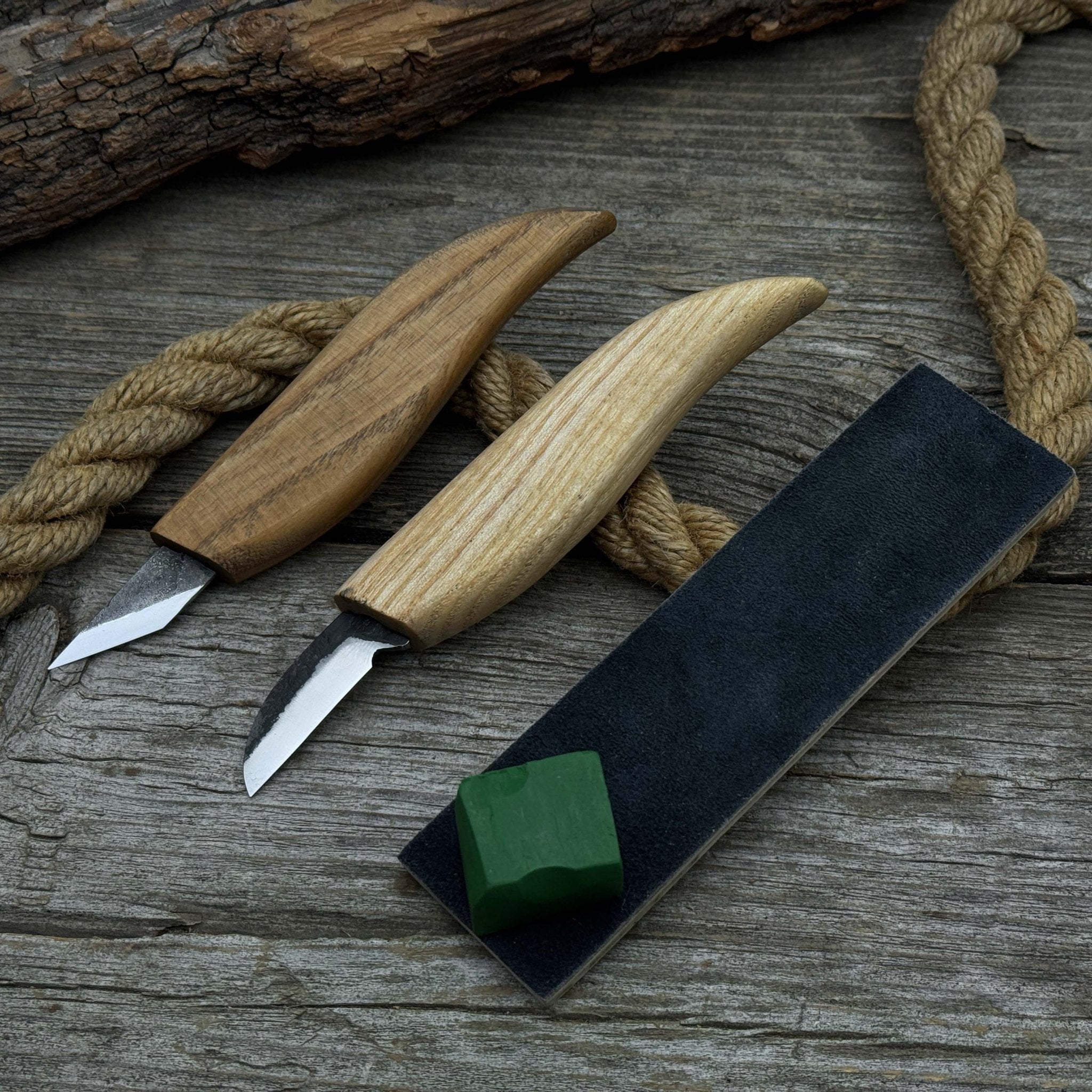 2-piece wood carving knife set with leather strop by Sharky Forged Steel Tools showing ash wood handles and high-carbon steel blades