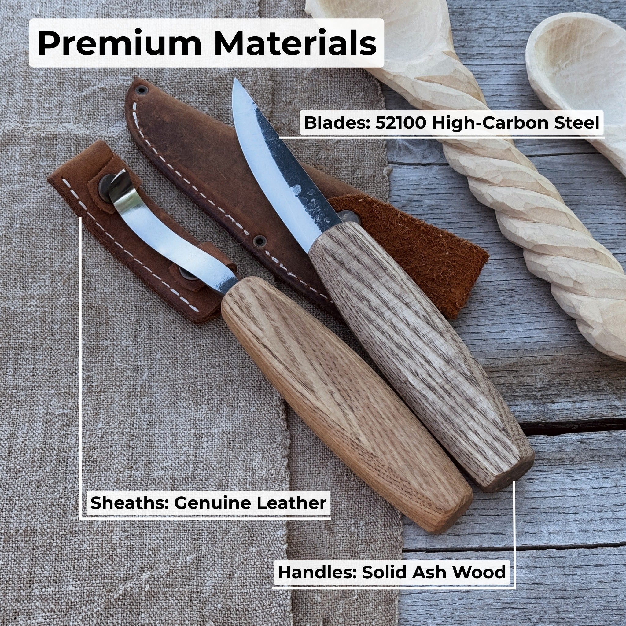 2-piece wooden spoon carving set with hook knife, sloyd knife, and leather sheath