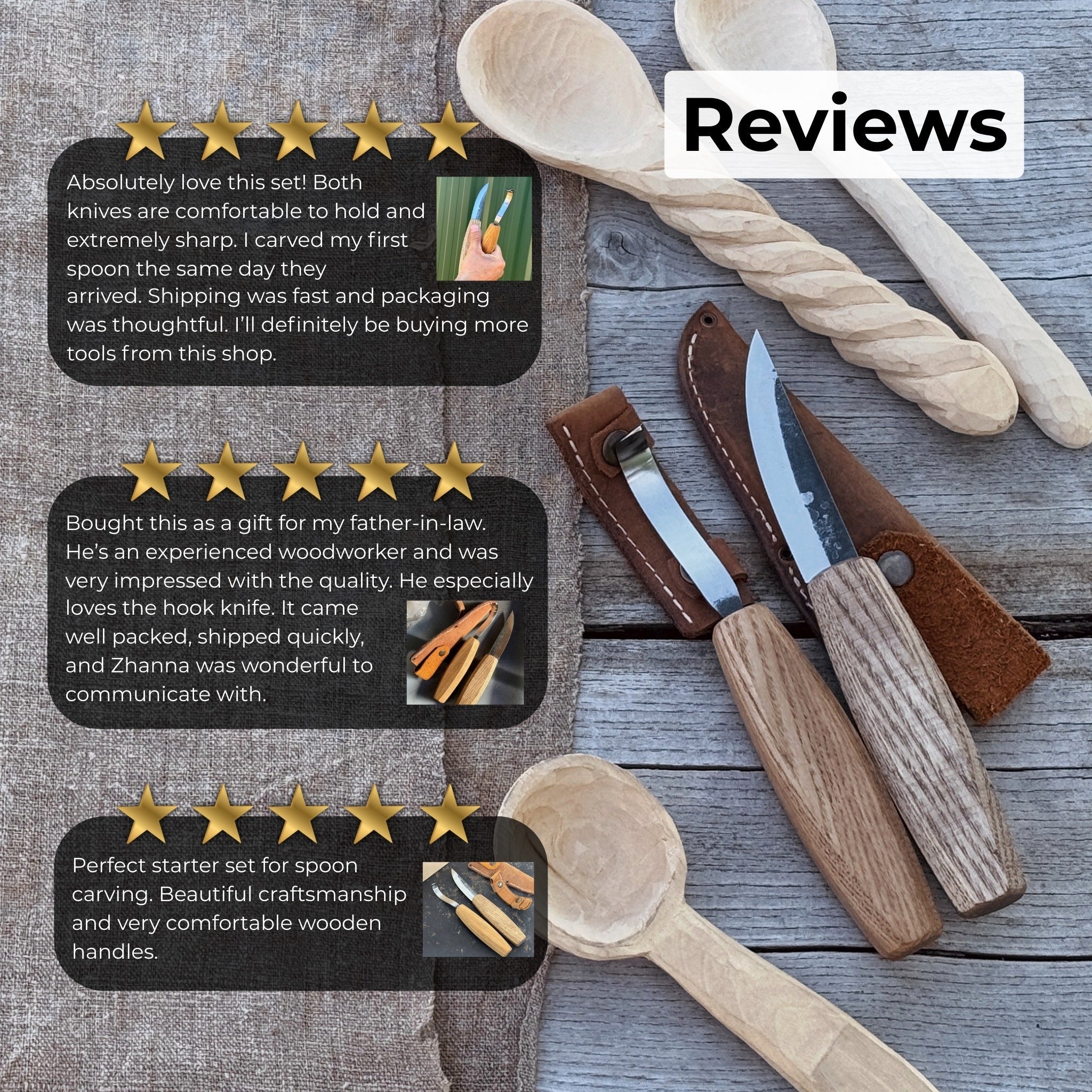 2-piece wooden spoon carving set with hook knife, sloyd knife, and leather sheath