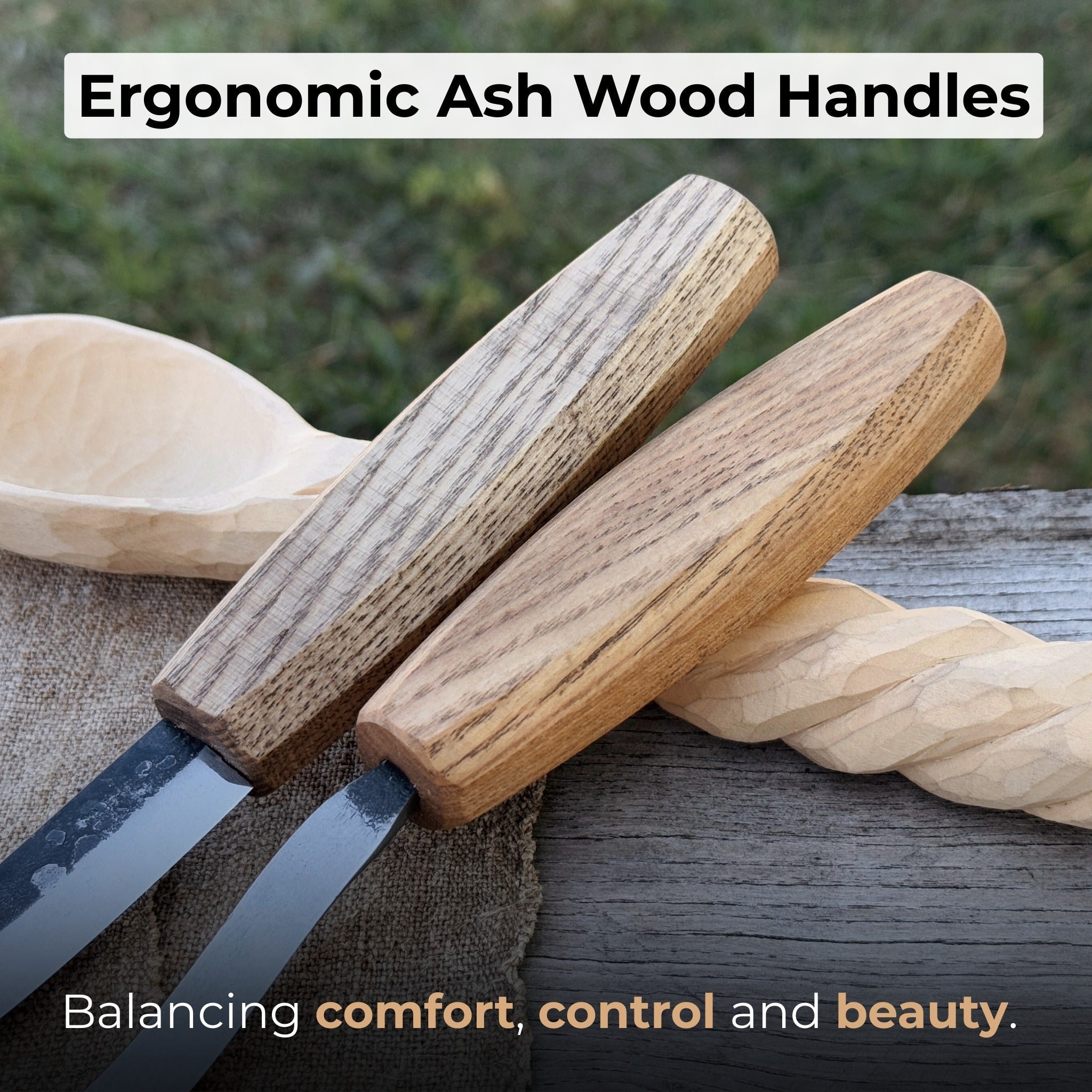 2-piece wooden spoon carving set with hook knife, sloyd knife, and leather sheath