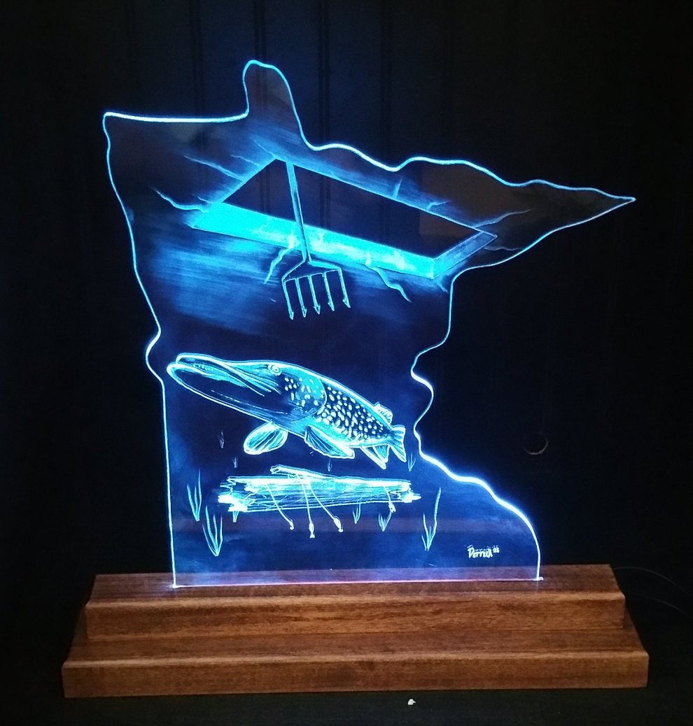 Fear The Spear laser engraved LED art illuminated on light stand