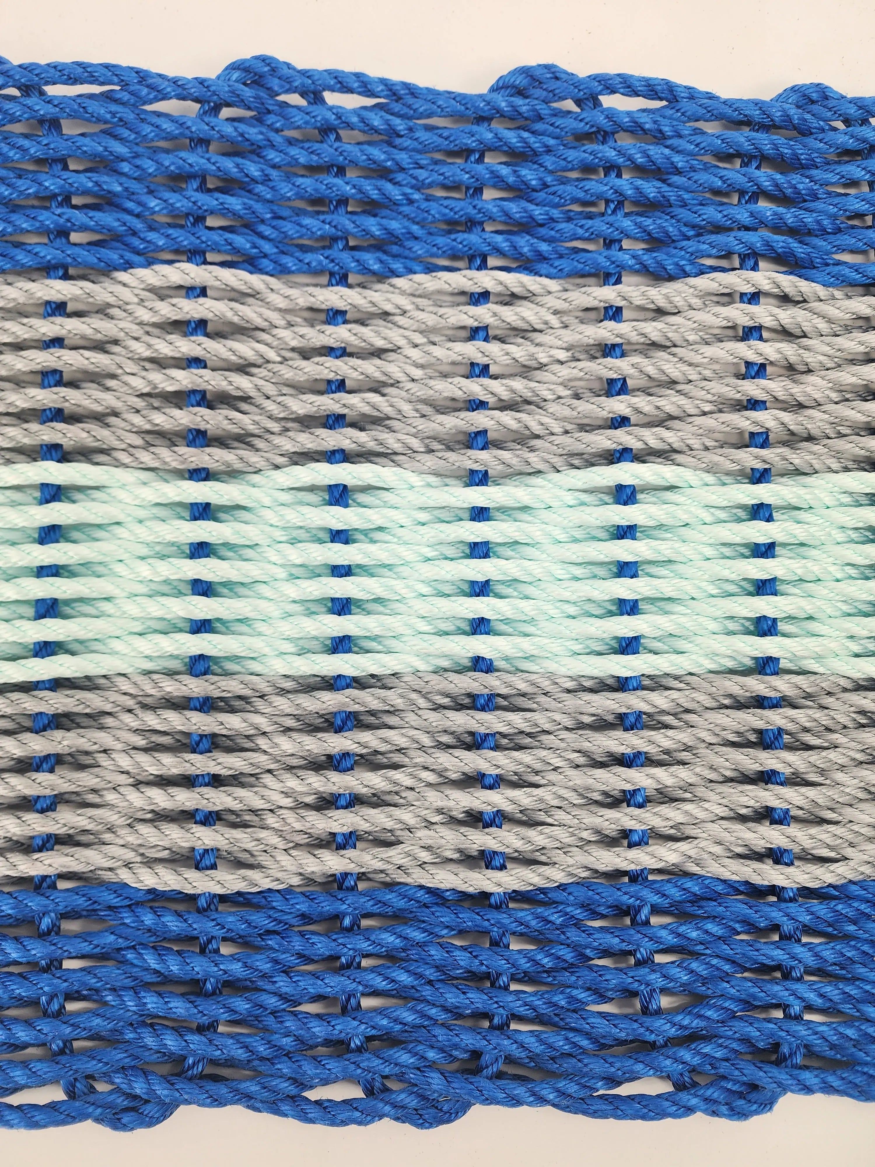 Five Stripe Rope Mat made with Lobster Rope in Blue Gray and Seafoam colors