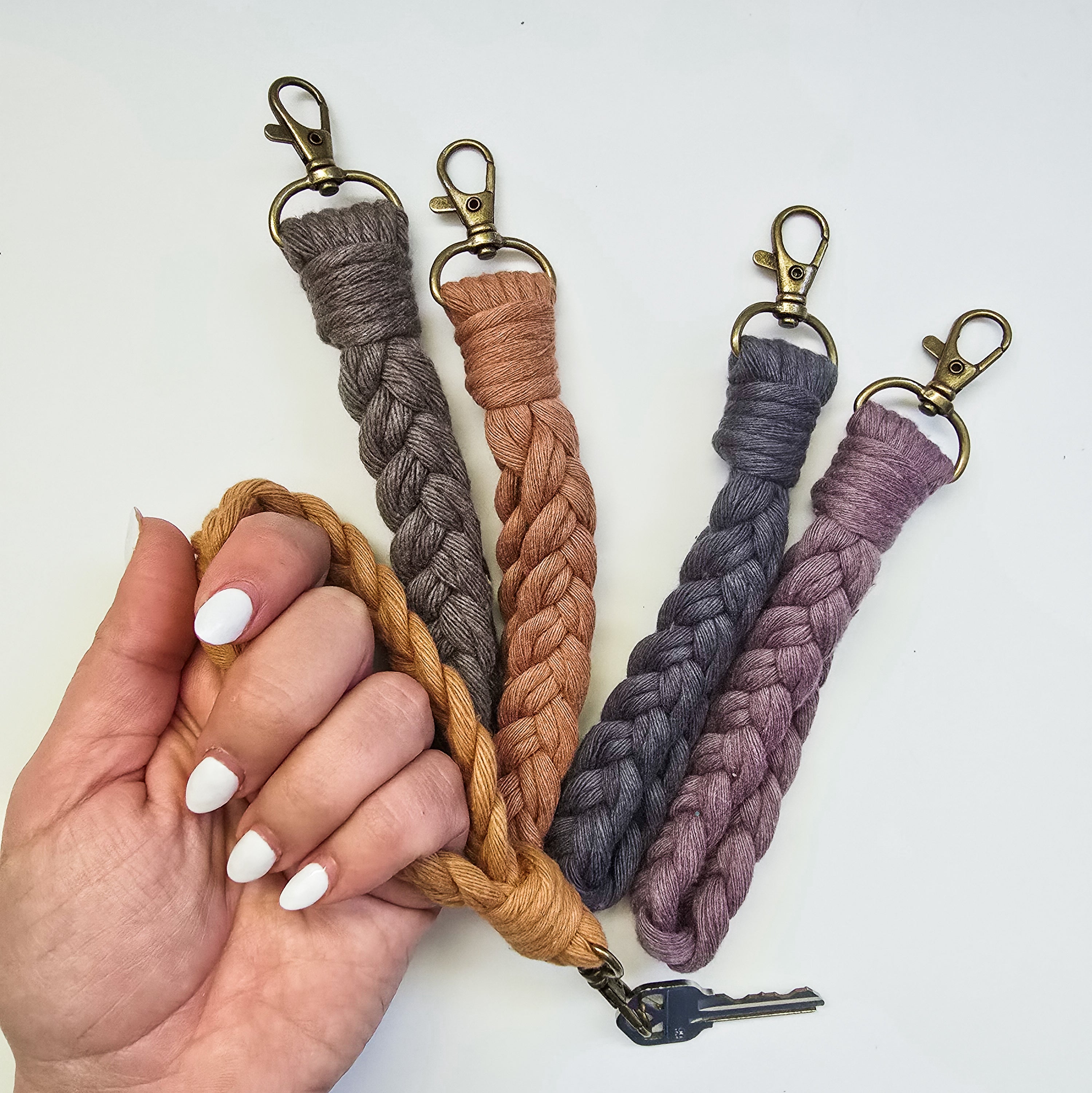Macrame Braided Key Wristlet in neutral caramel color handmade with braided cotton rope