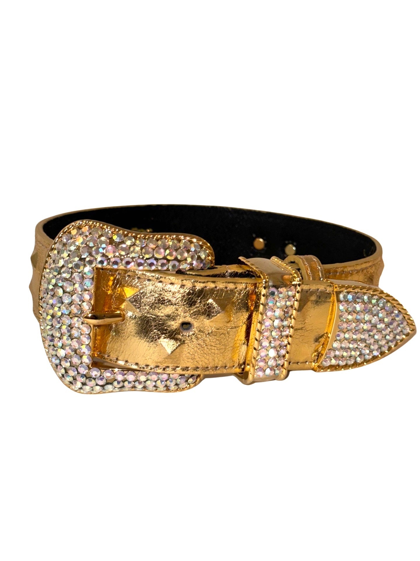 Glam Gold Embossed Studded Italian Leather Collar with Swarovski Crystal Buckle