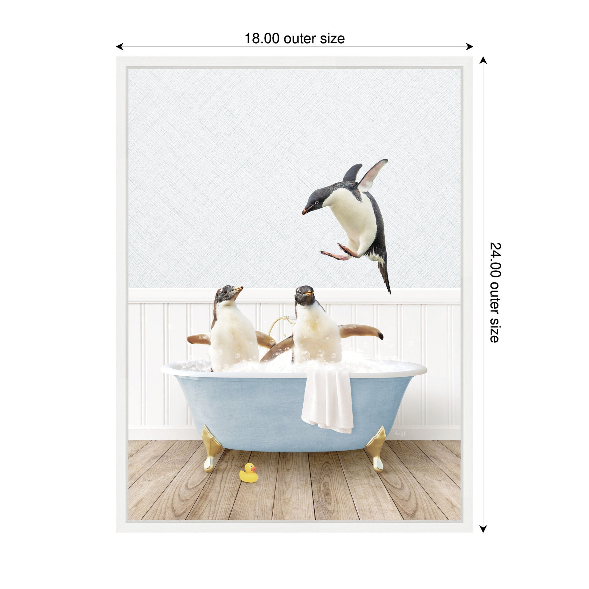 Sylvie Penguins in Cottage Blue Bathtub Framed Canvas by Amy Peterson