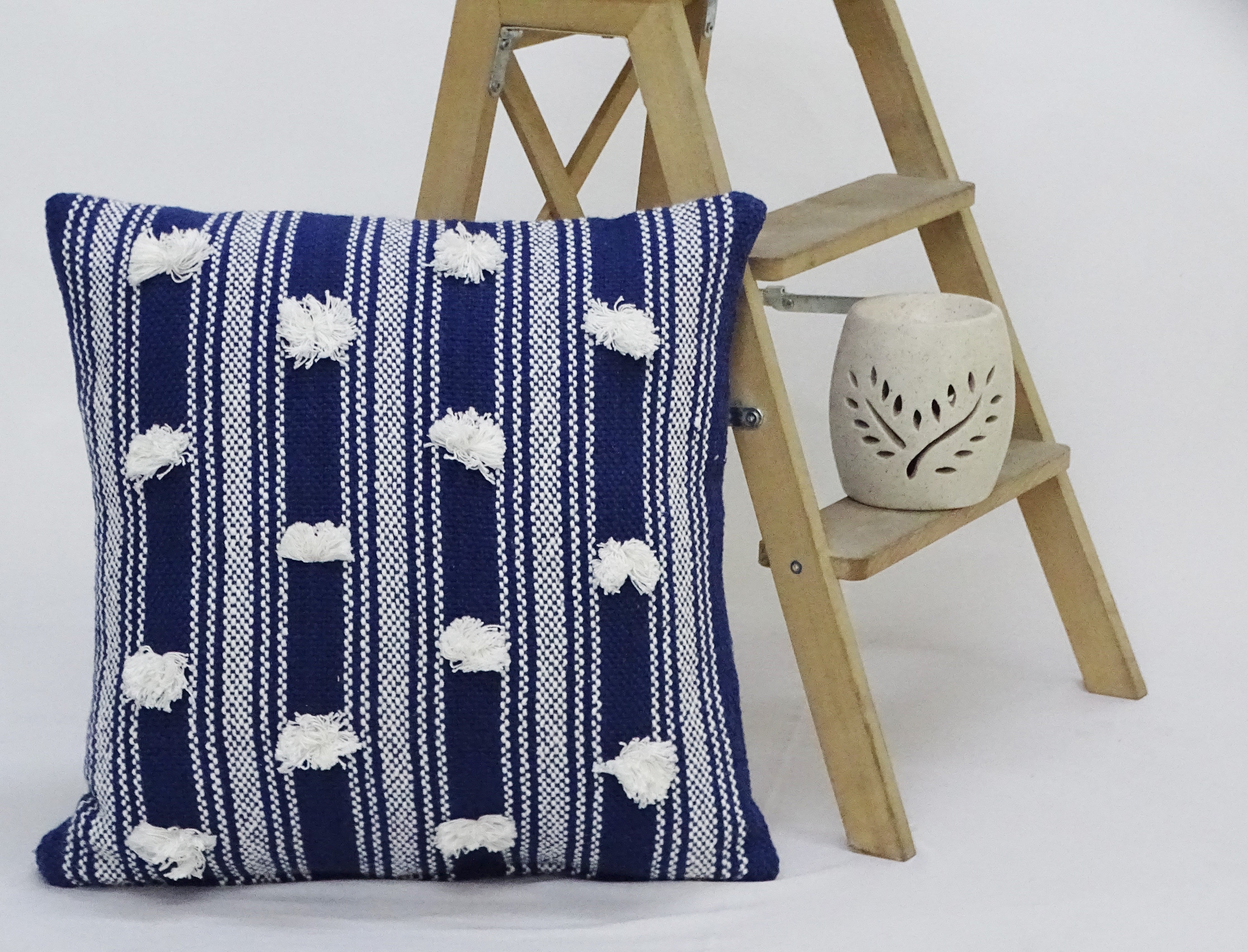 Blue 20" X 20" Decorative Throw Pillow with Pom Pom