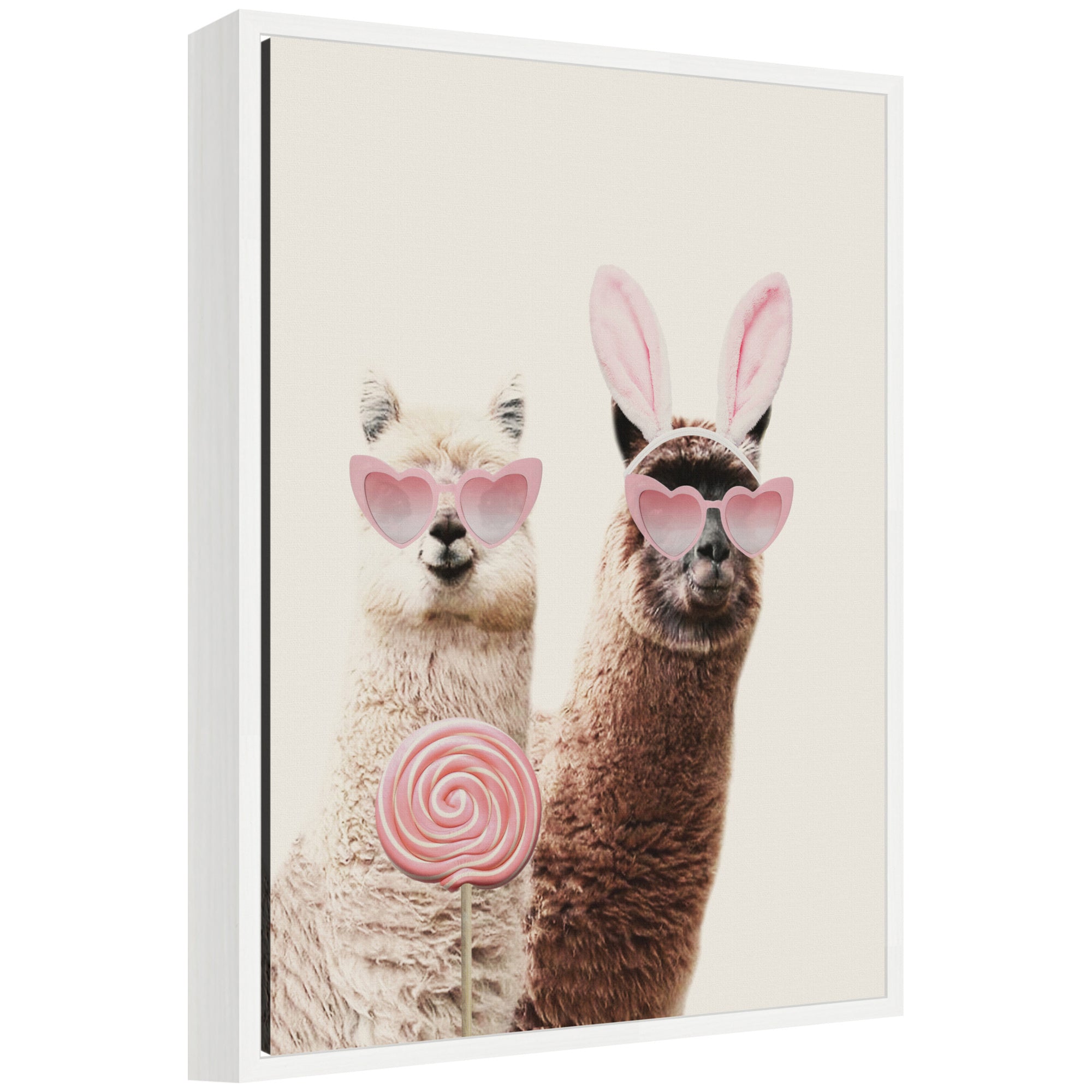 Framed canvas art titled 'Sylvie Llamas On Vacation' by July Art Prints showing whimsical llamas on a vacation scene