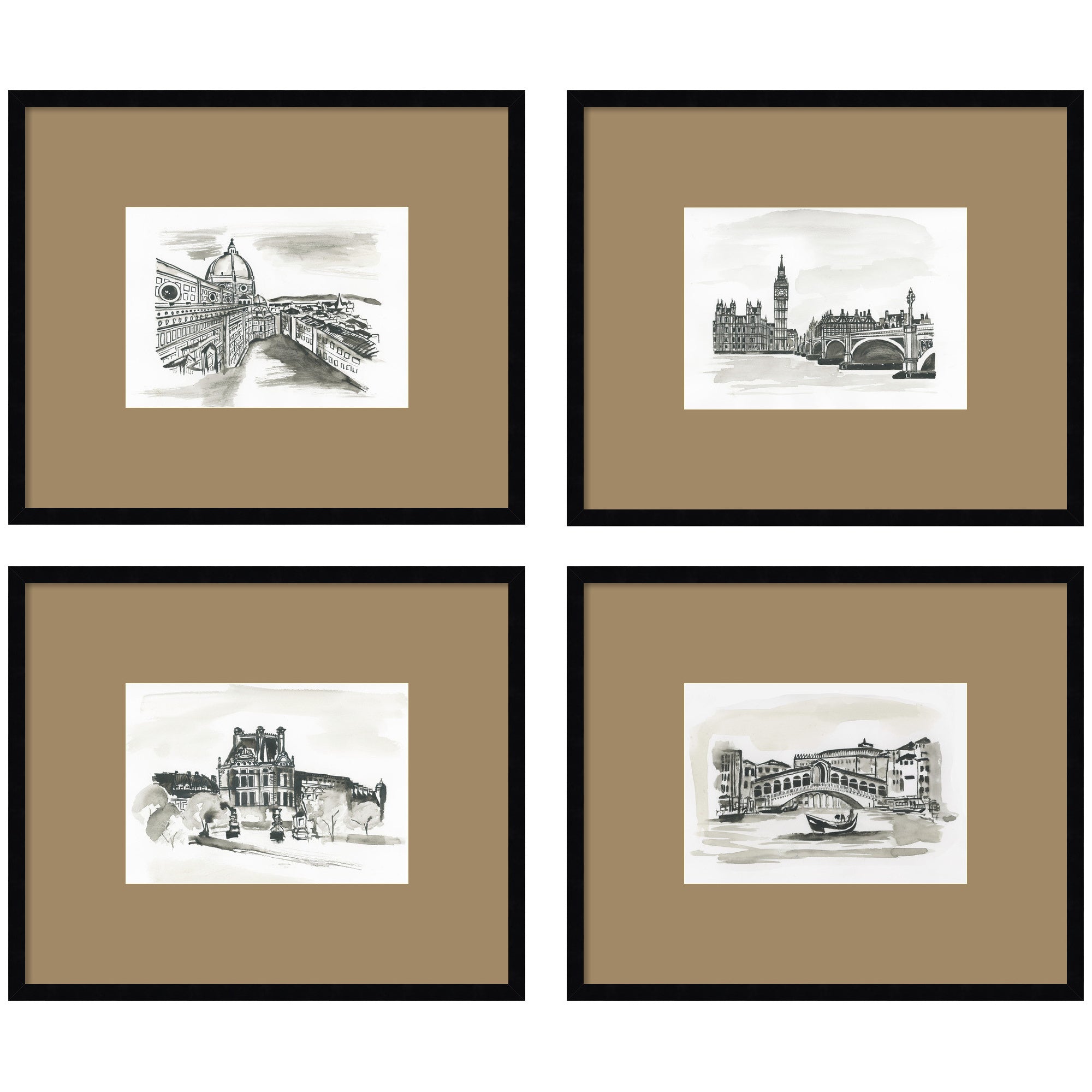 Vintage Europe 4 Piece Framed Wall Art Print Set with Svelte Noir Black frames and brown mats by Teju Reval