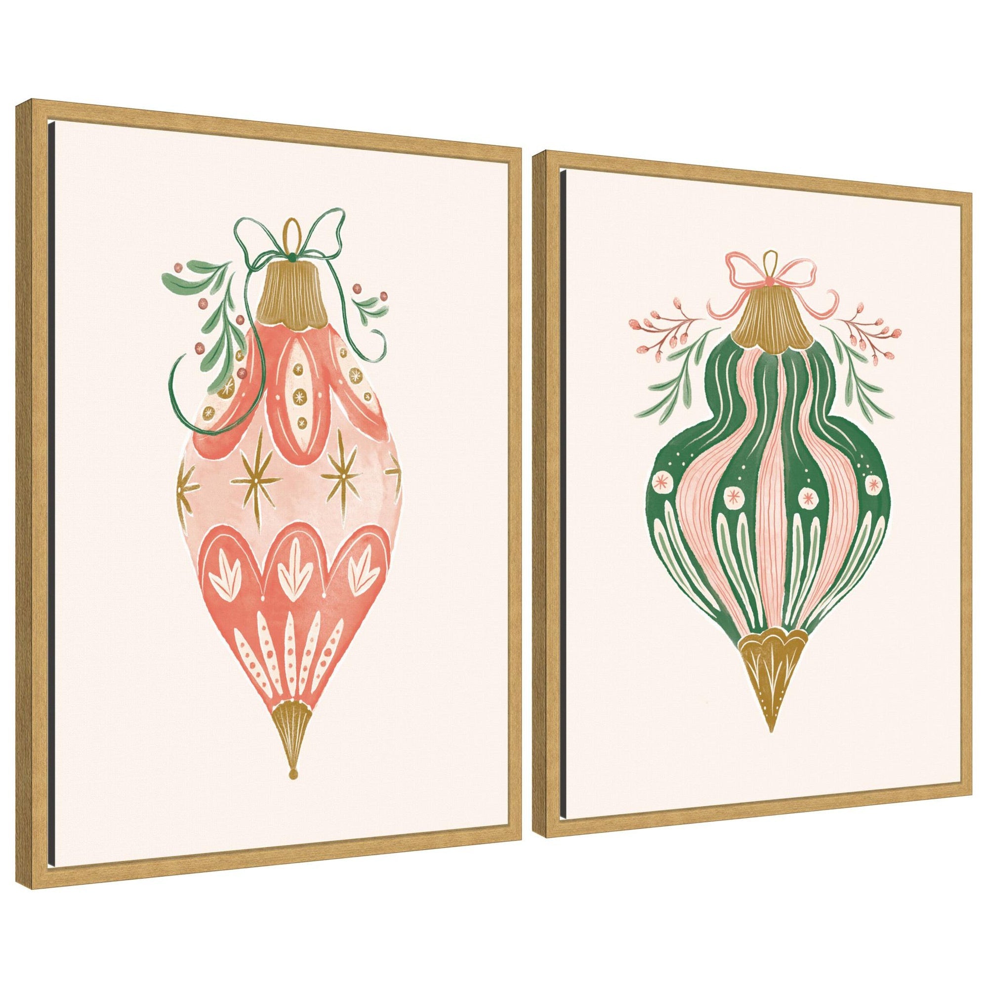 Two framed canvas art pieces featuring vintage-style holiday ornaments with green and pink patterns and floral details.
