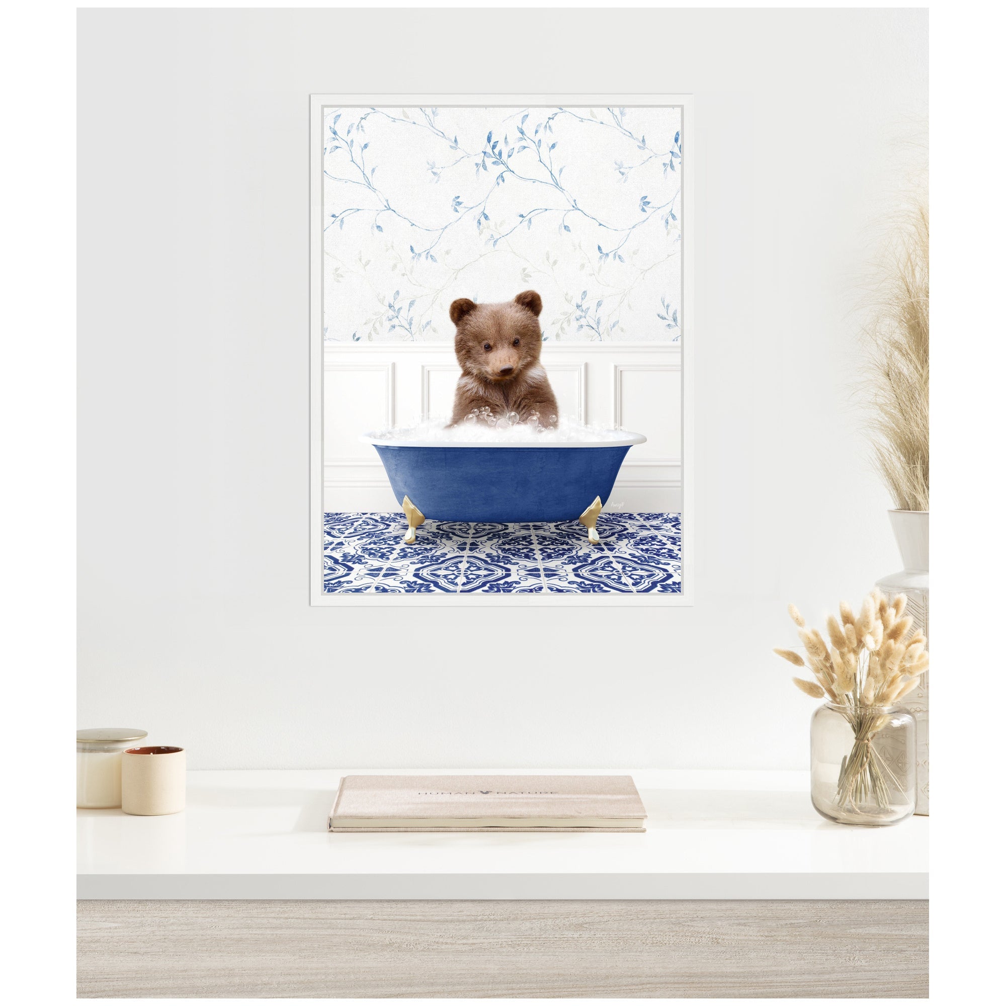 Sylvie Bear Cub in Eclectic Blue Bathtub Framed Canvas by Amy Peterson
