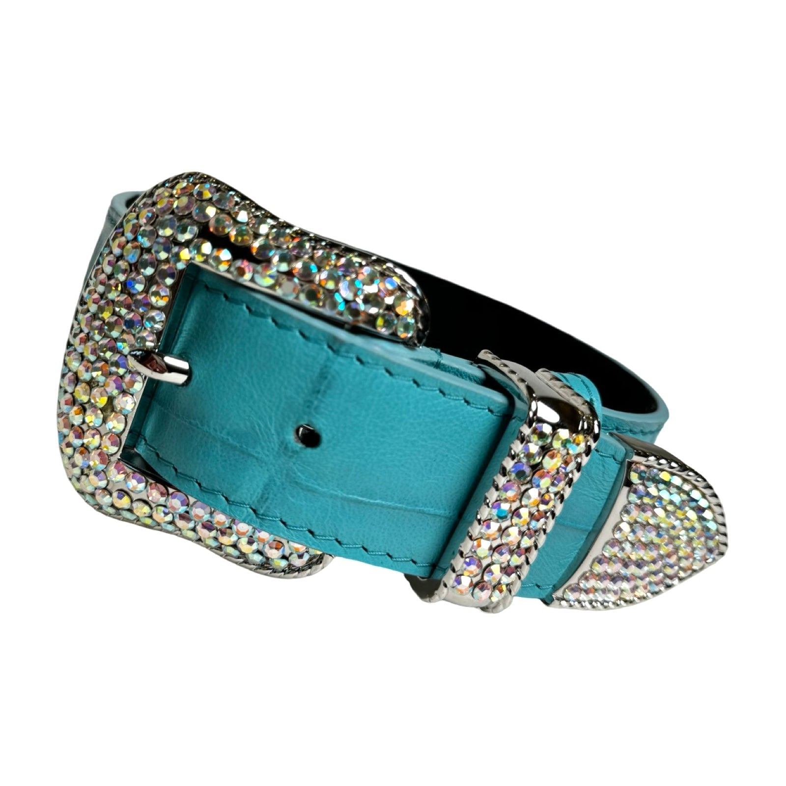 The Tiffany Collection. Gorgeous Turquoise Blue Embossed Croc Italian Leather Collar with Custom Silver Swarovski Crystal Hardware