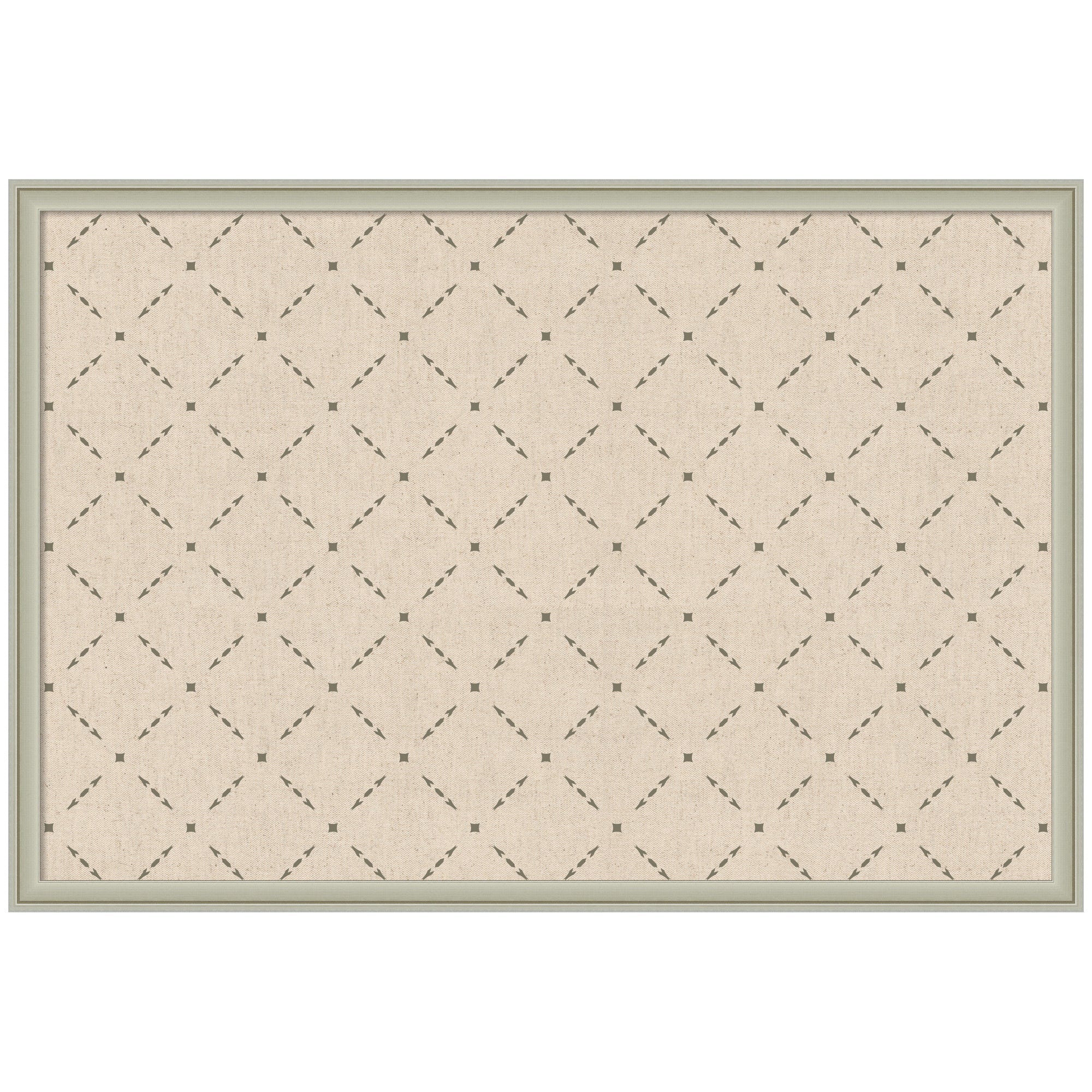 Pinboard with green lattice pattern on linen textile framed in medium brown wood
