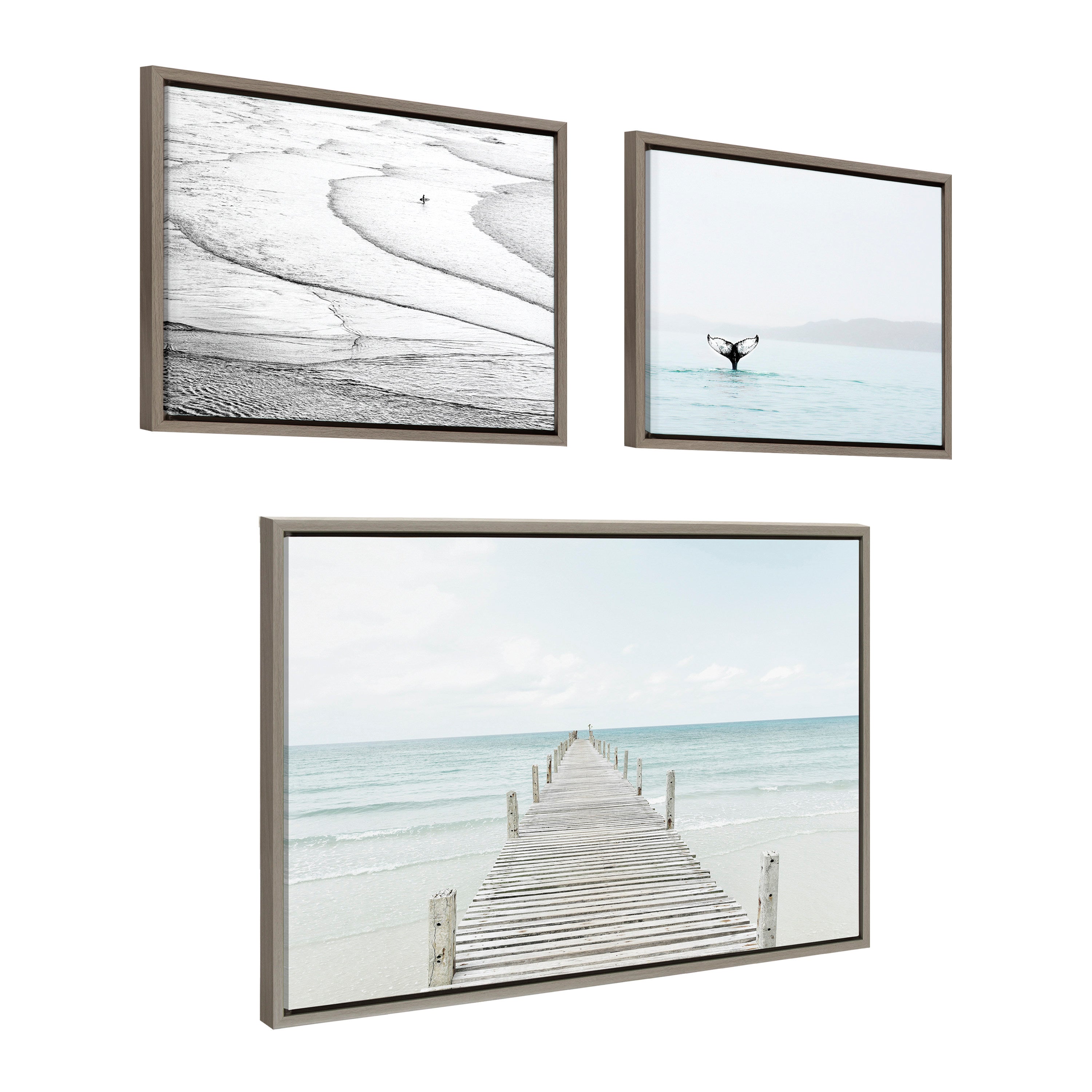 Sylvie Ocean Beach Framed Canvas Set showcasing coastal scenes on gallery-wrapped canvases with white or gray polystyrene frames.