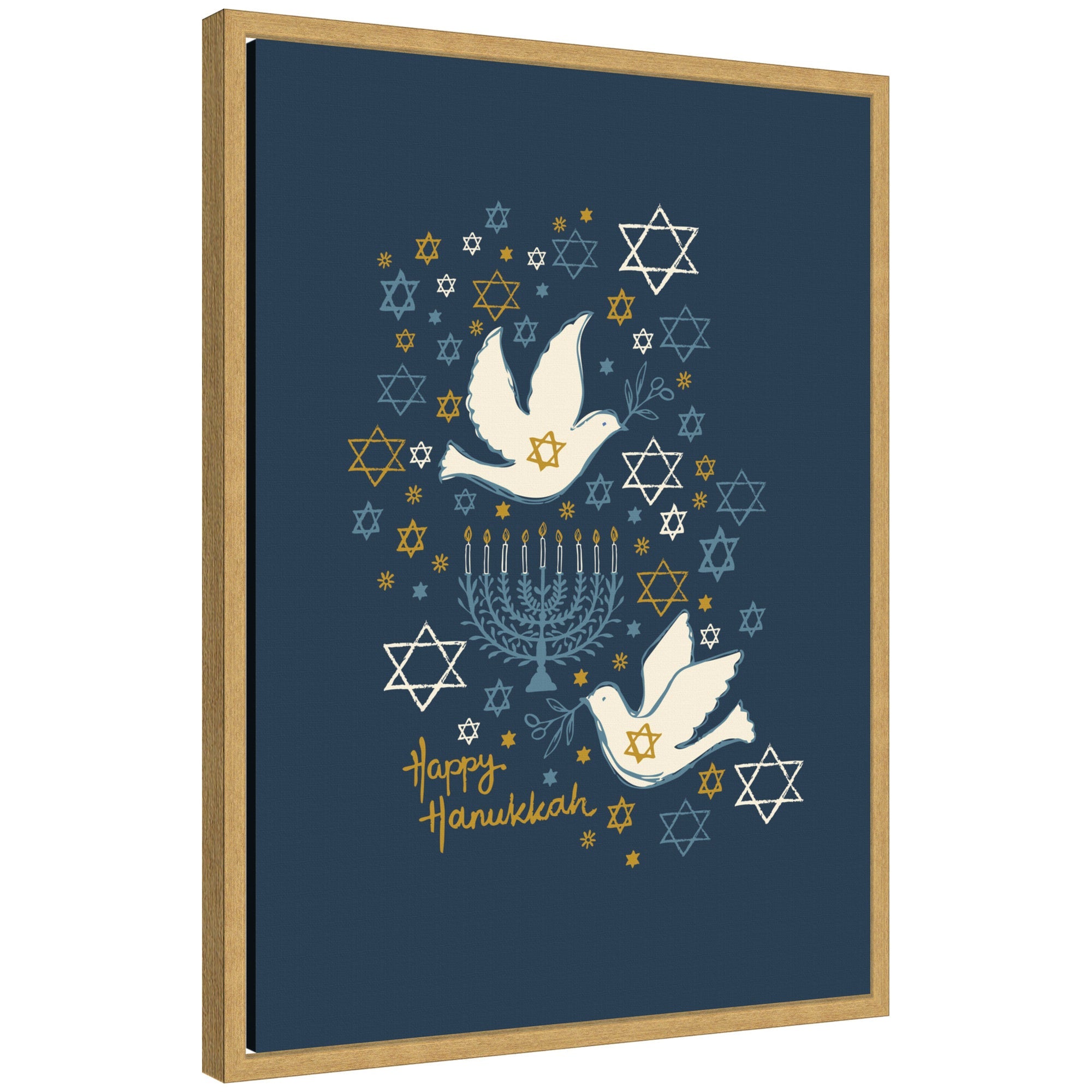 Sylvie framed canvas art of Hanukkah scene with doves, menorah, Star of David, and 'Happy Hanukkah' text