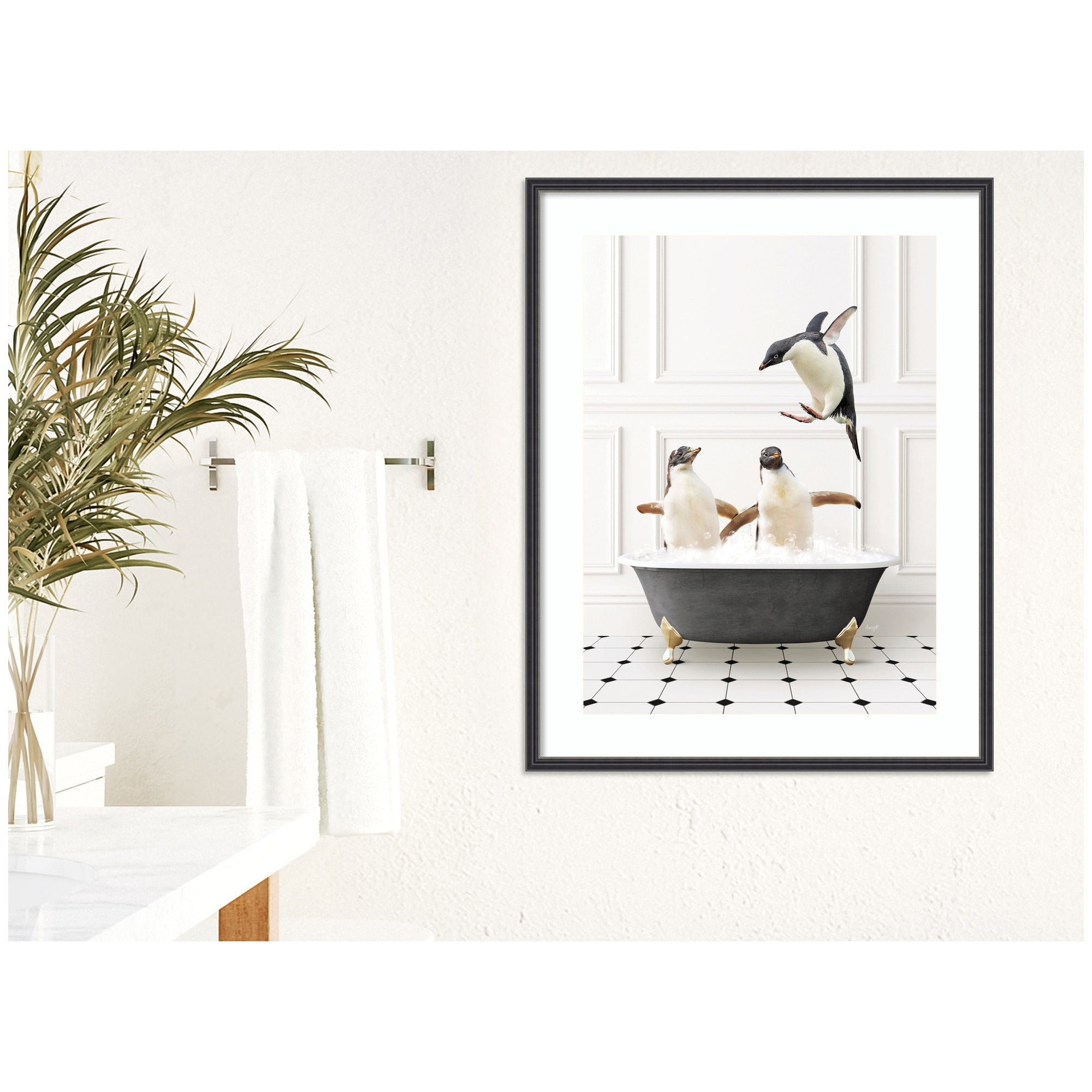 Penguins in Classic Black and White Bath by Amy Peterson Framed Wall Art Print