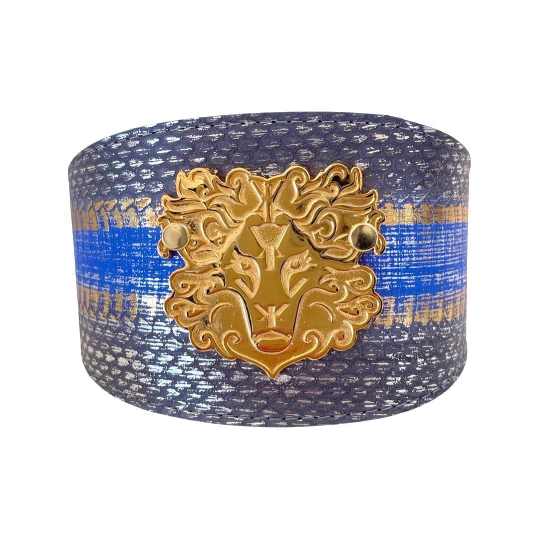 Multi-color snake patterned collar featuring a custom lion head from Allysa Payne Beverly Hills