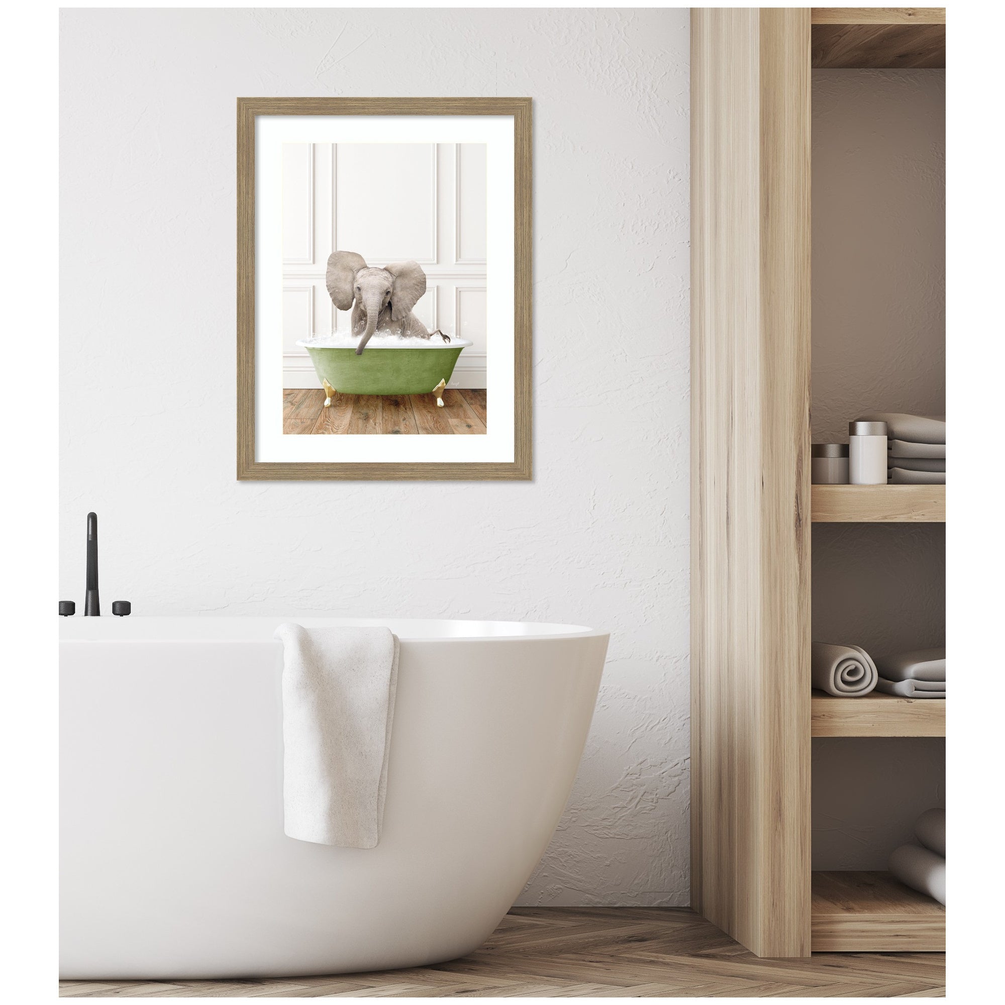 Baby Elephant in Transitional Bathtub by Amy Peterson Framed Wall Art Print