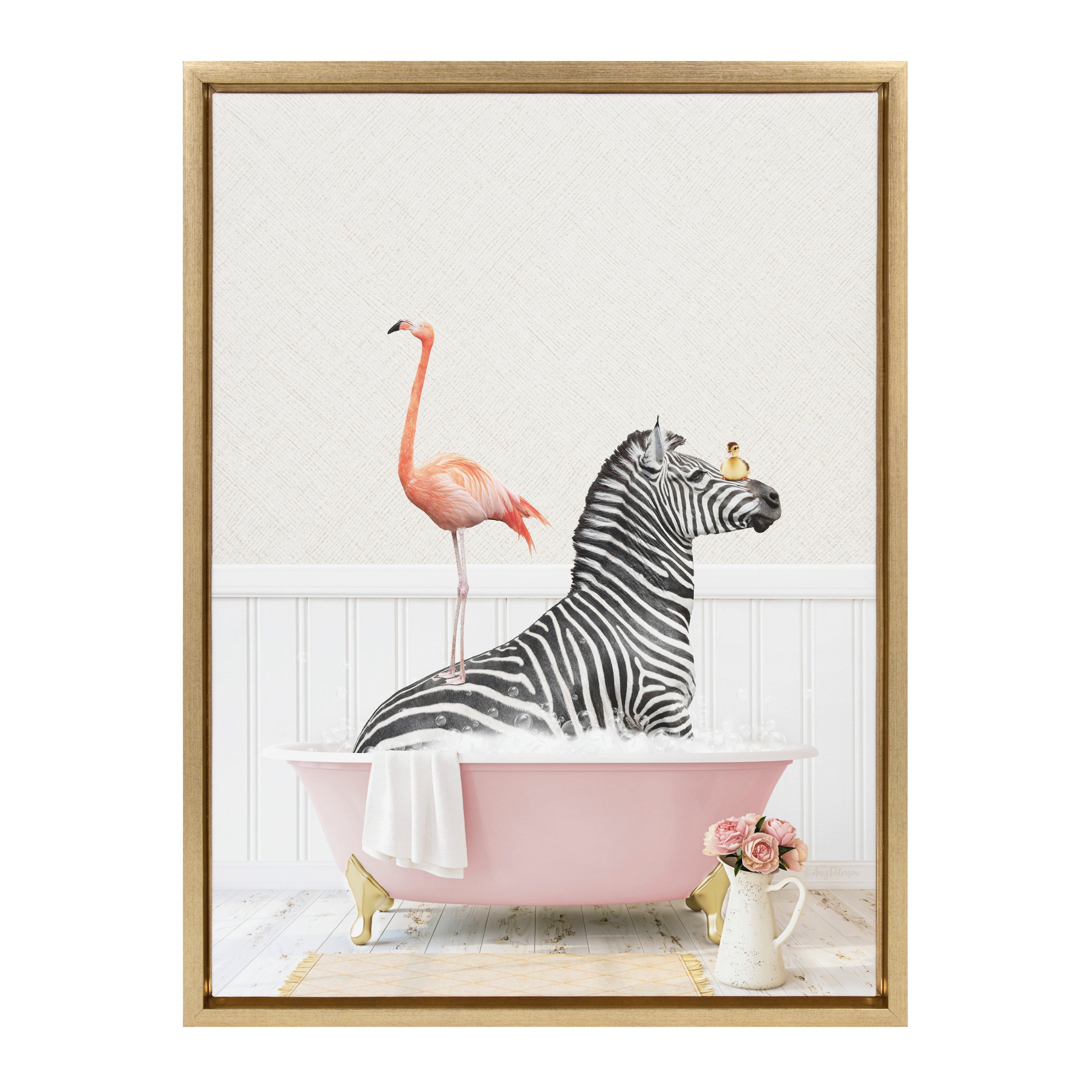 Sylvie Zebra and Flamingo in Cottage Rose Bathtub Framed Canvas by Amy Peterson