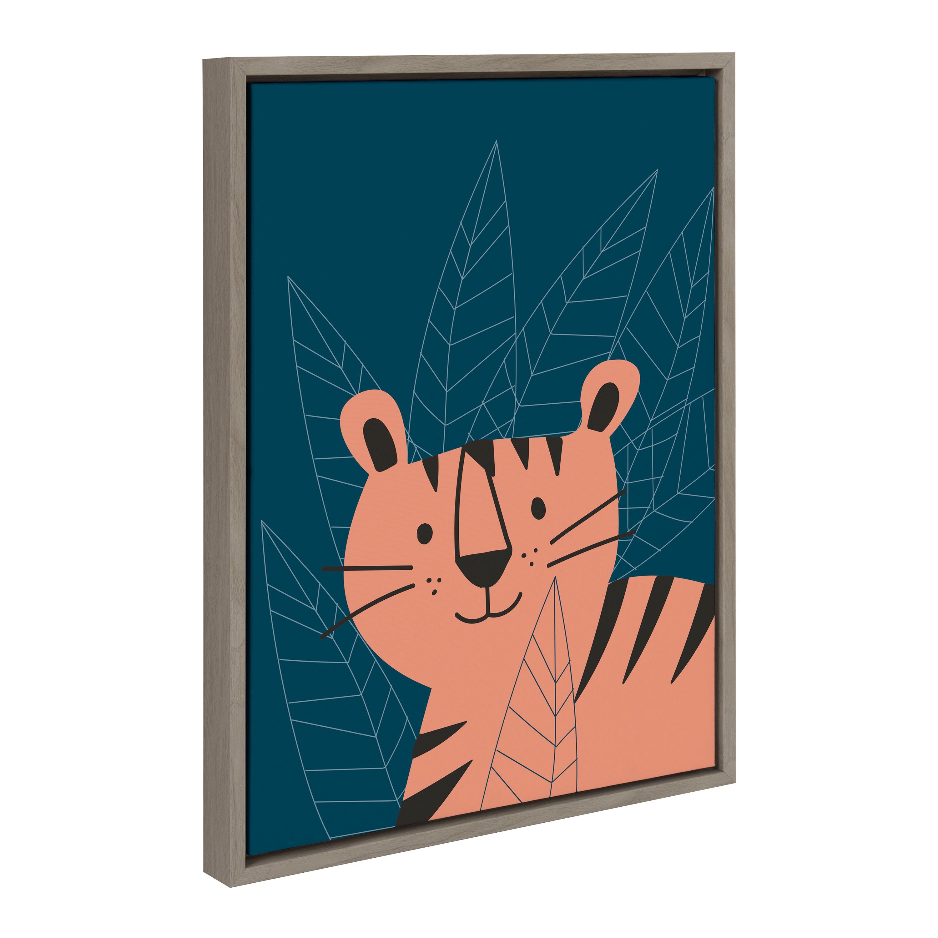 Sylvie Friendly Tiger Portrait framed canvas art by Teju Reval showing a tiger's face in soft, warm colors within a gray frame