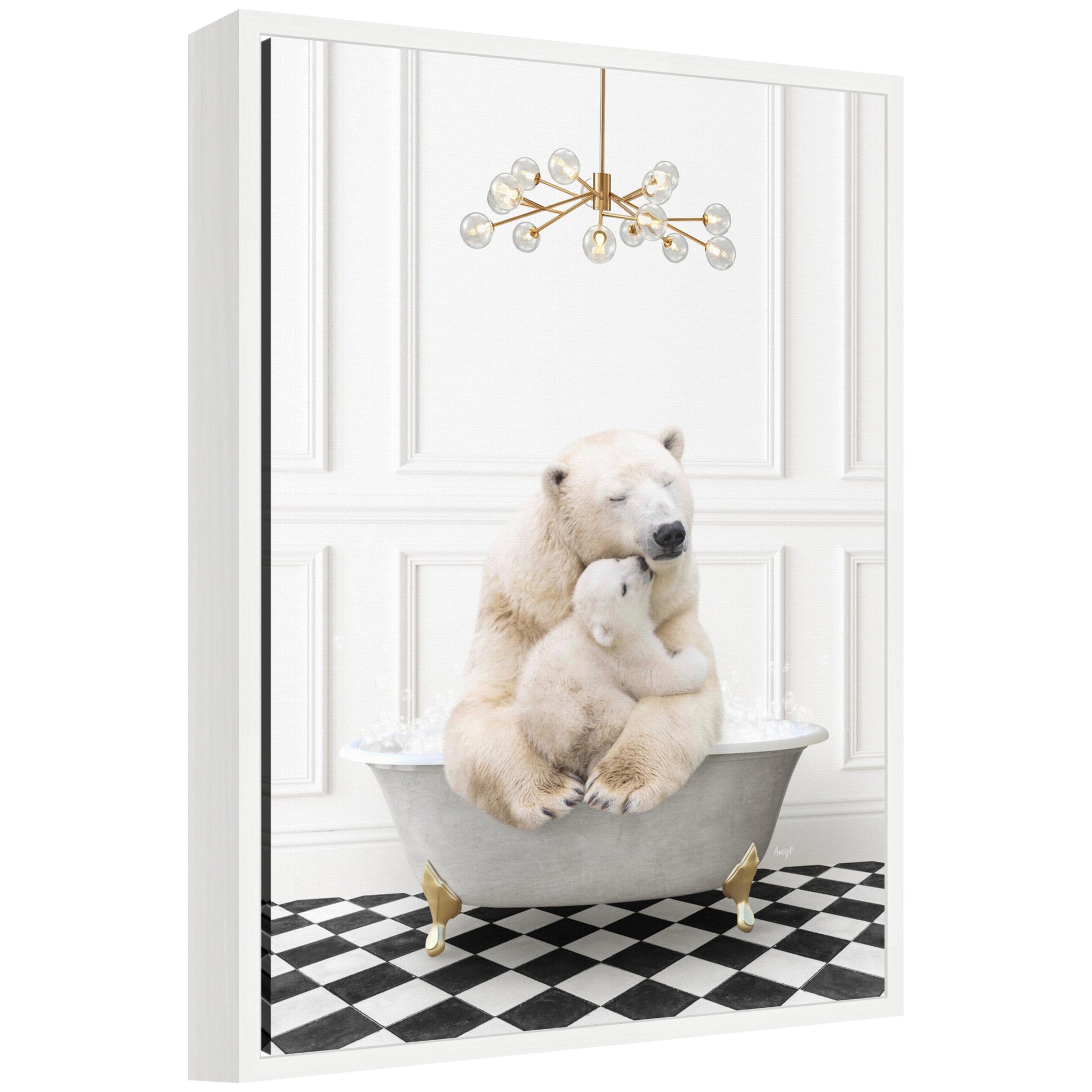 Framed canvas of mother and baby polar bear in gray bathtub on black-and-white checker floor