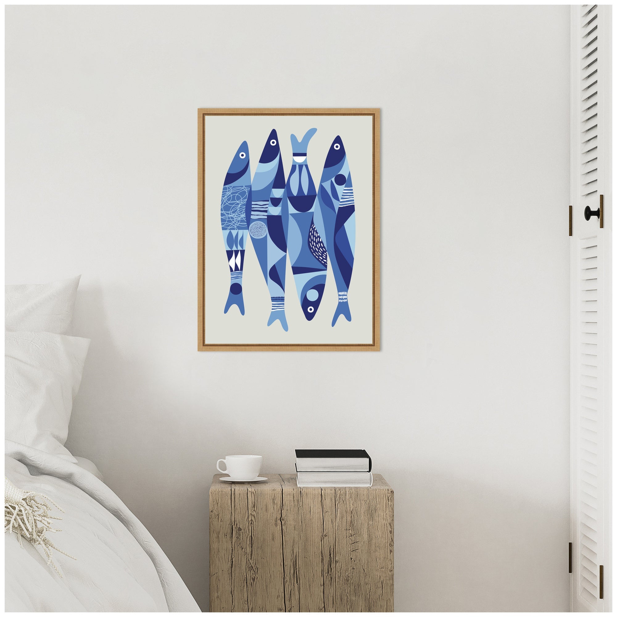 Sylvie Modern Coastal Sardines in Blue Framed Canvas by Rachel Lee