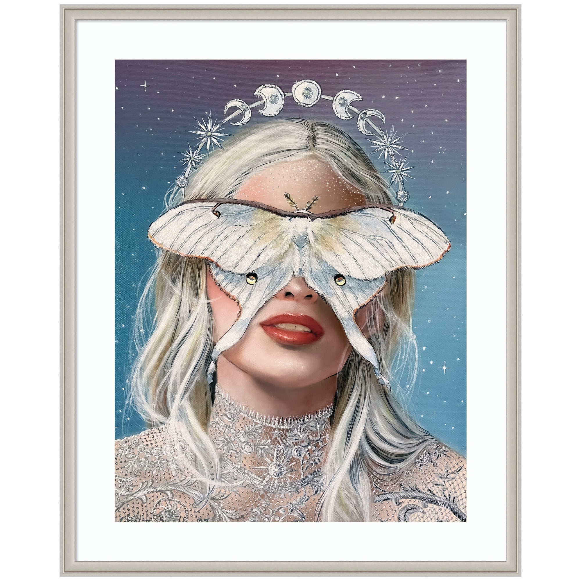 Moon Witch by Charlotte Brindley, framed wall art print showing a dark silhouette of a woman with moon phases and stars