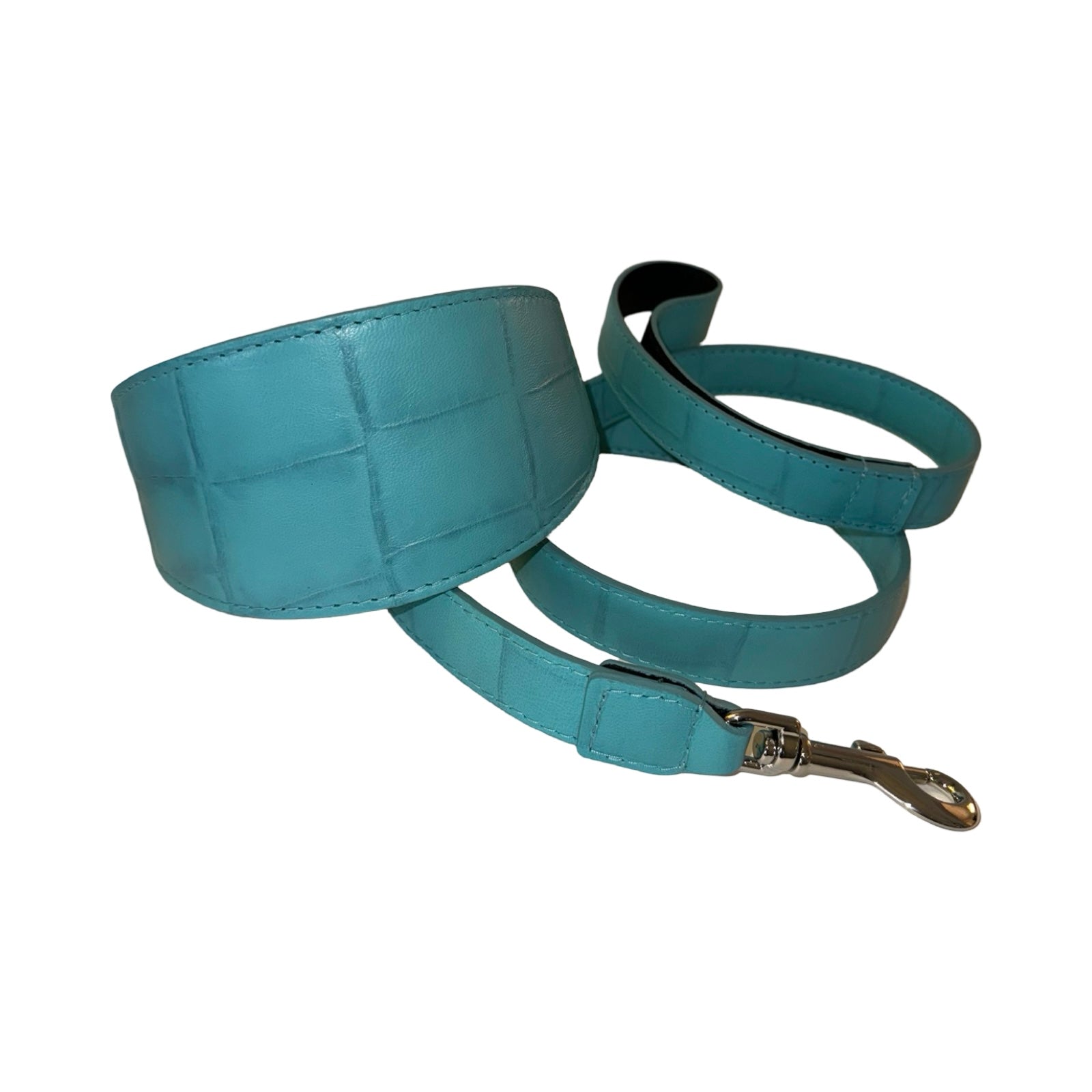 The Tiffany Collection Turquoise Blue Embossed Croc Italian Leather 3” Wide Collar with Silver Hardware