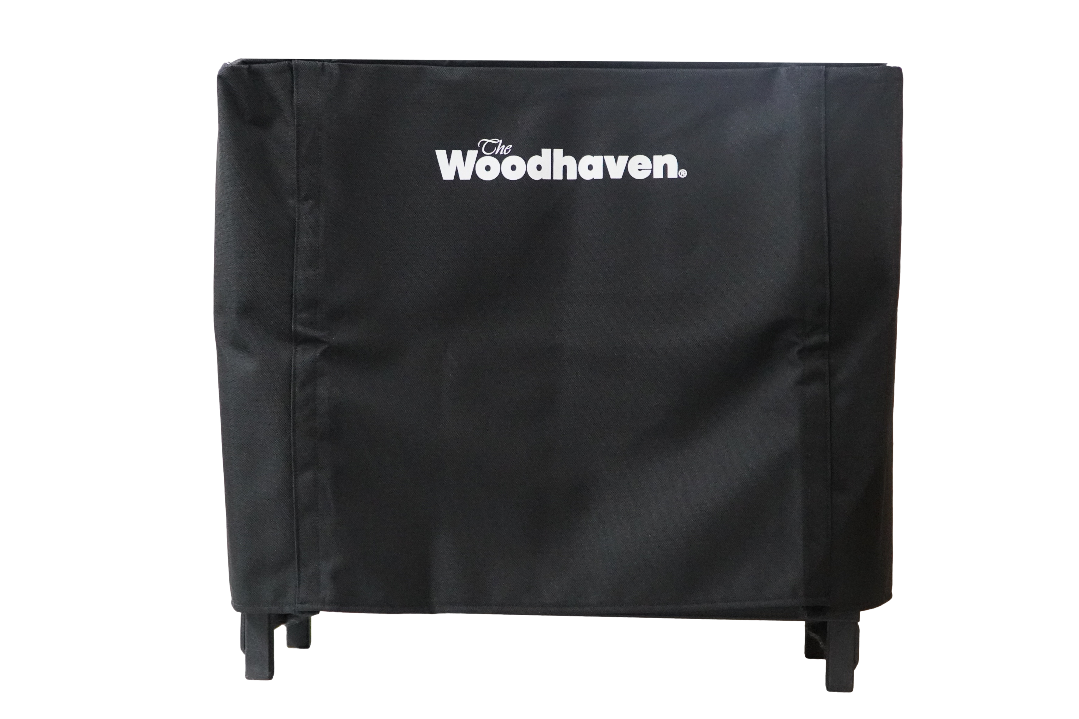 Woodhaven Full Firewood Rack Cover on firewood rack in outdoor setting