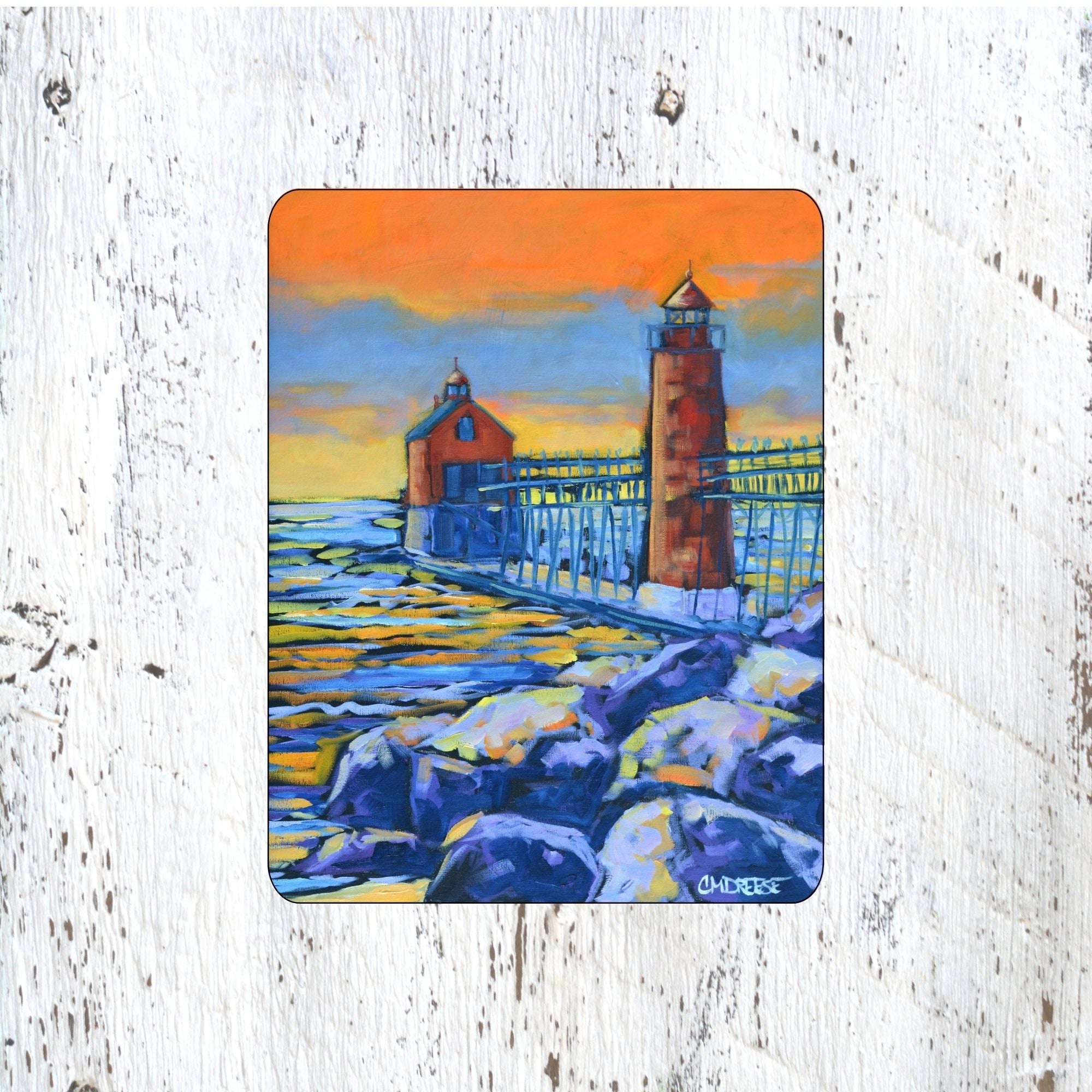 Mousepad: Grand Haven Lighthouse. Burning Sky, Quiet Shore. by Dreese Fine Art - Resin Society