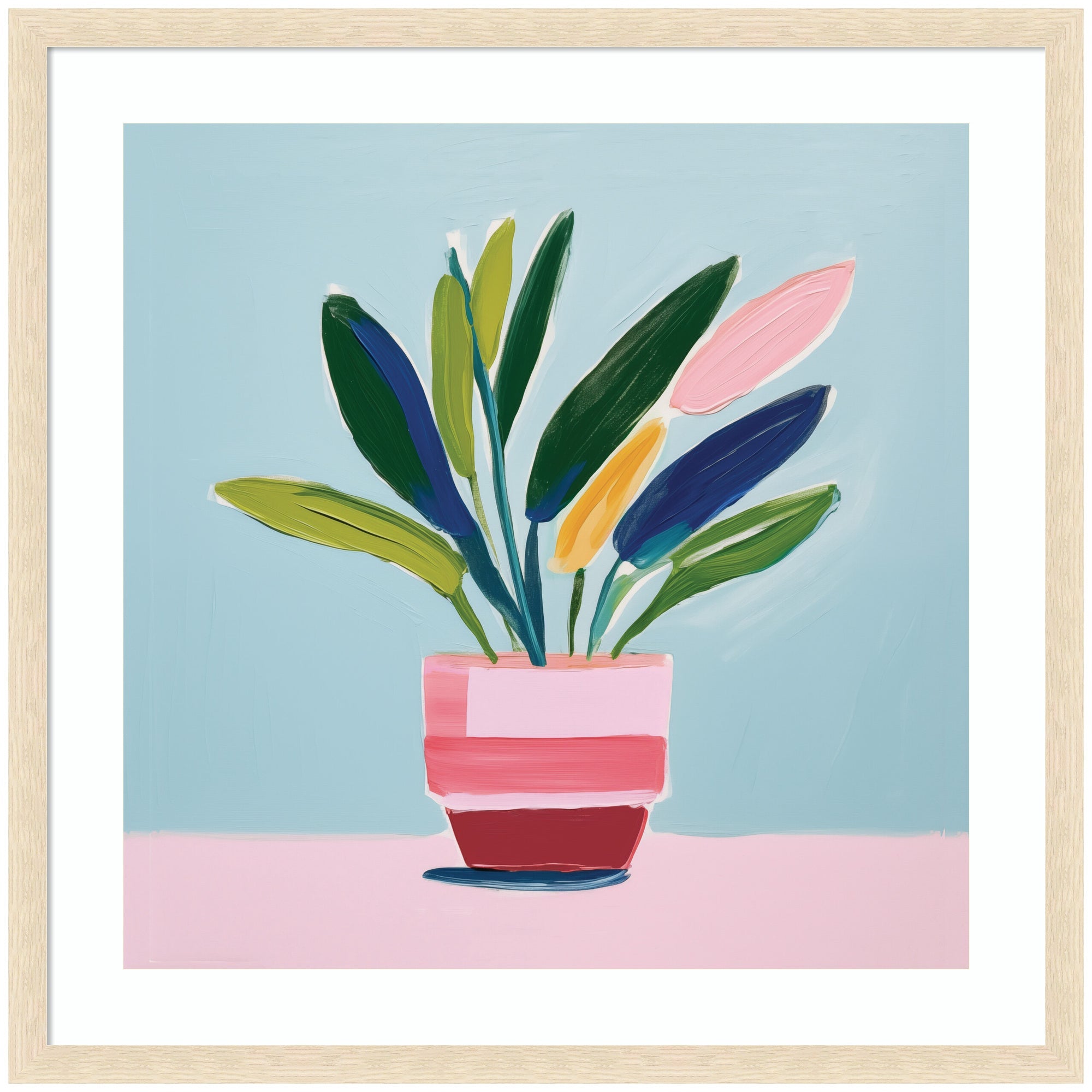 Framed abstract art print of a colorful potted plant with leaves in green, pink, yellow, and blue, set against a light blue background