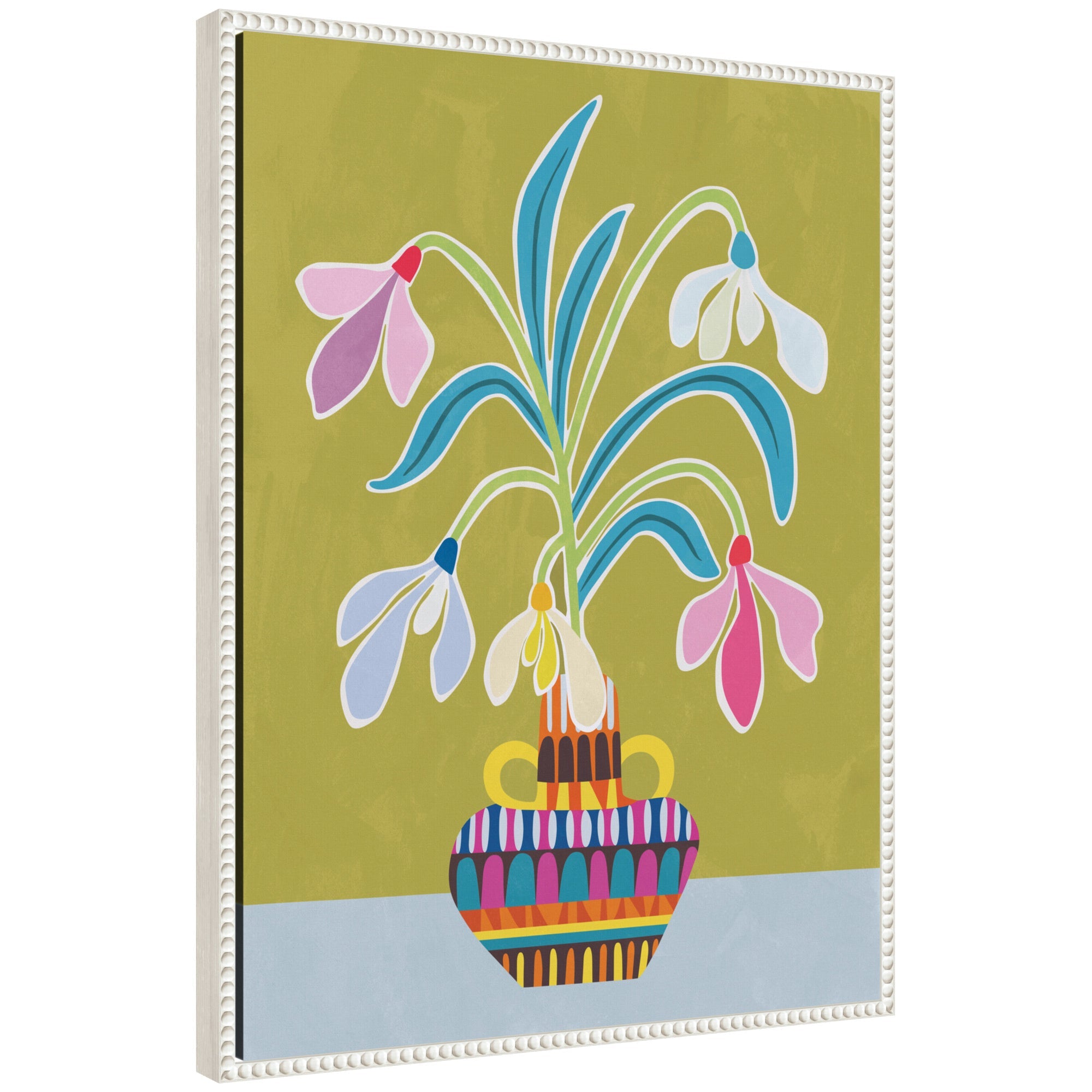 Framed canvas wall art depicting abstract snowdrops in muted tones, with a vintage beaded polystyrene frame