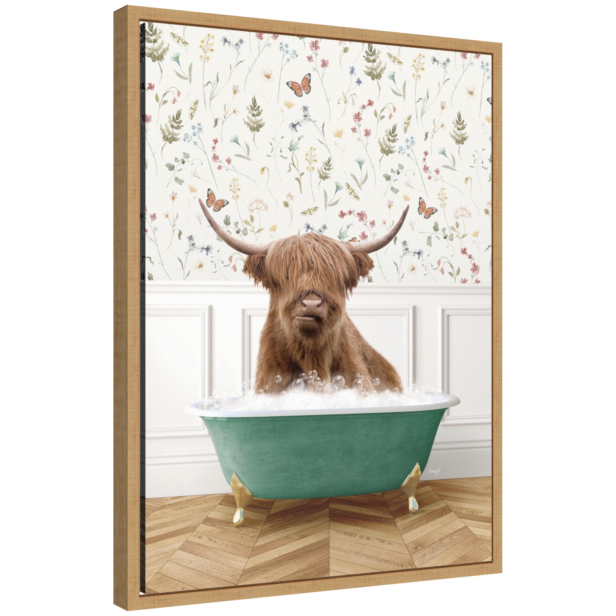 Framed canvas art showing a Highland cow relaxing in a bathtub placed in a meadow, by Amy Peterson