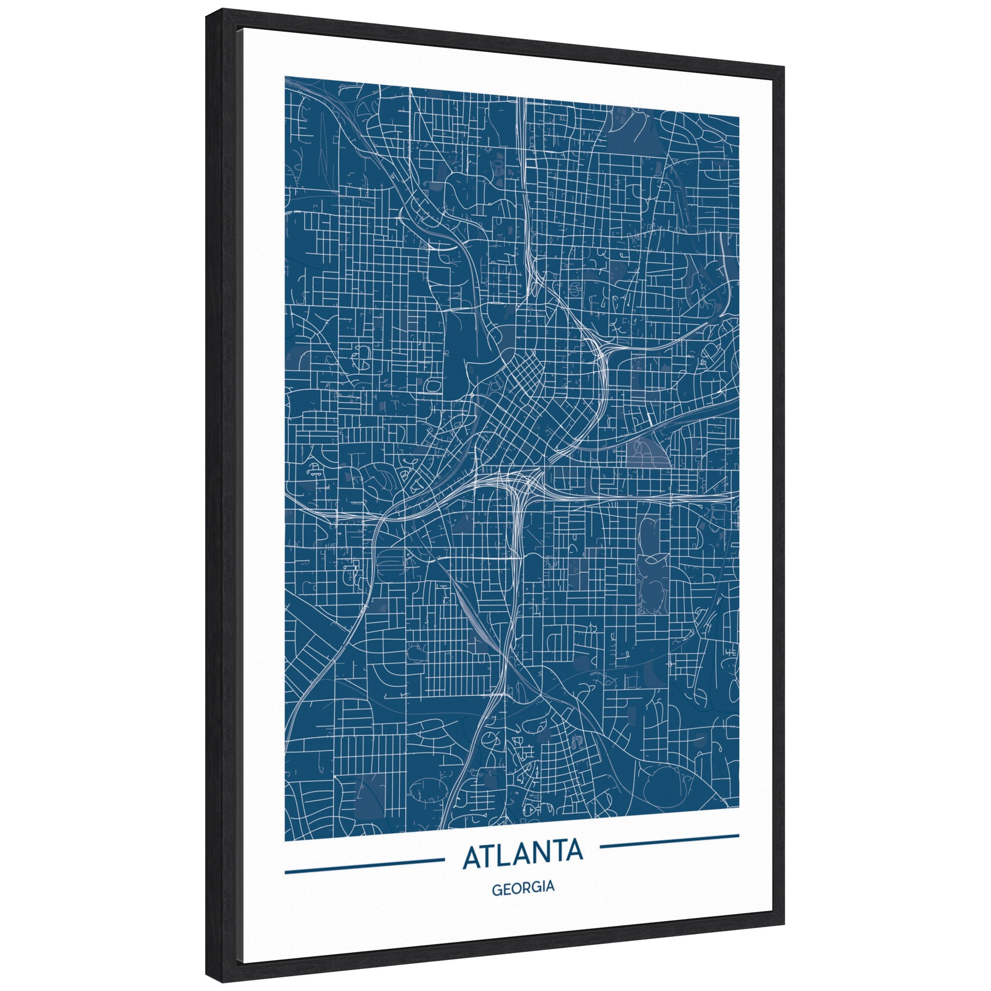 Sylvie Atlanta Map Regal Blue framed canvas print by Jake Goossen showing detailed map of Atlanta with blue and cream color palette.