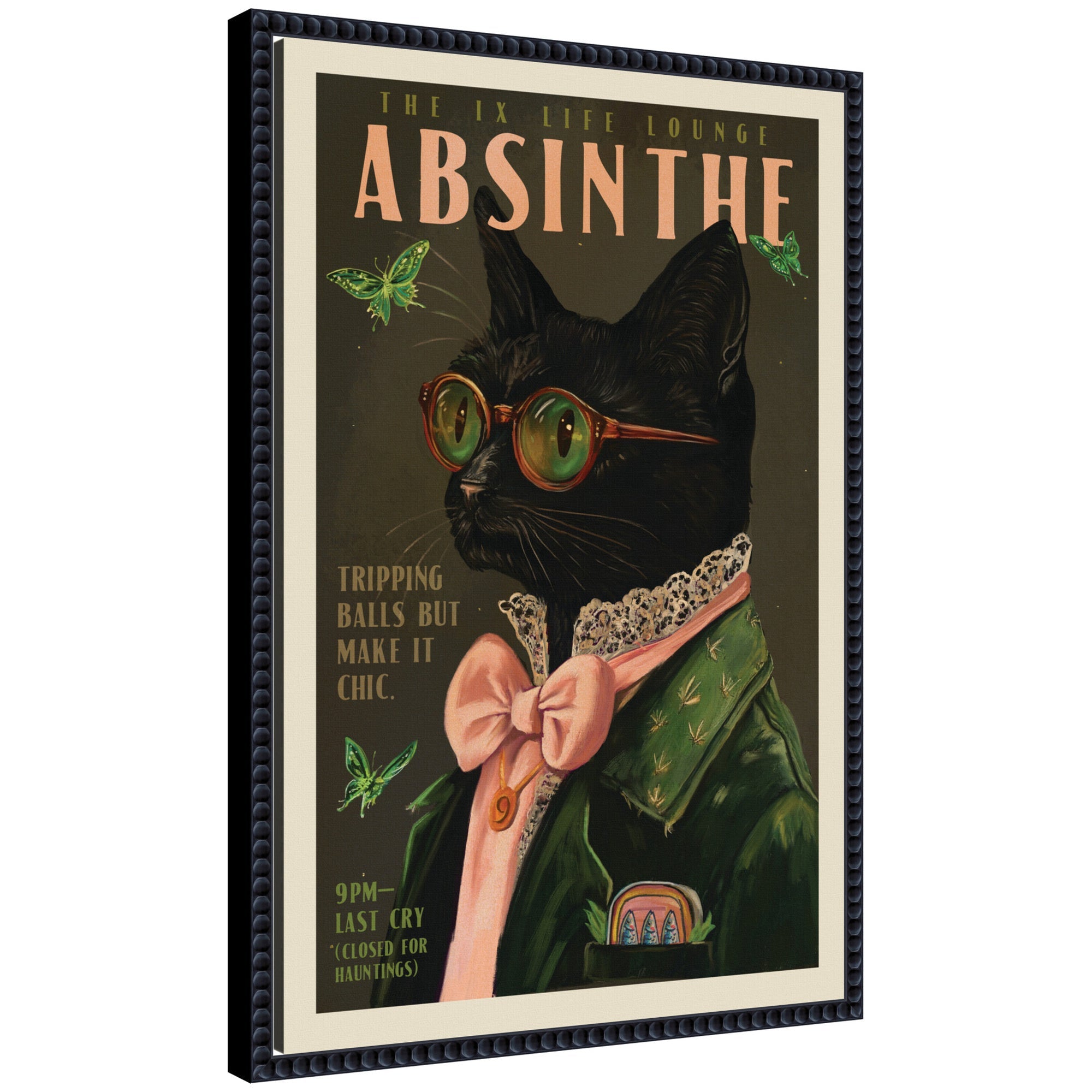 WG Absinthe Kitty framed canvas wall art featuring a whimsical green cat and vintage design by The Whiskey Ginger