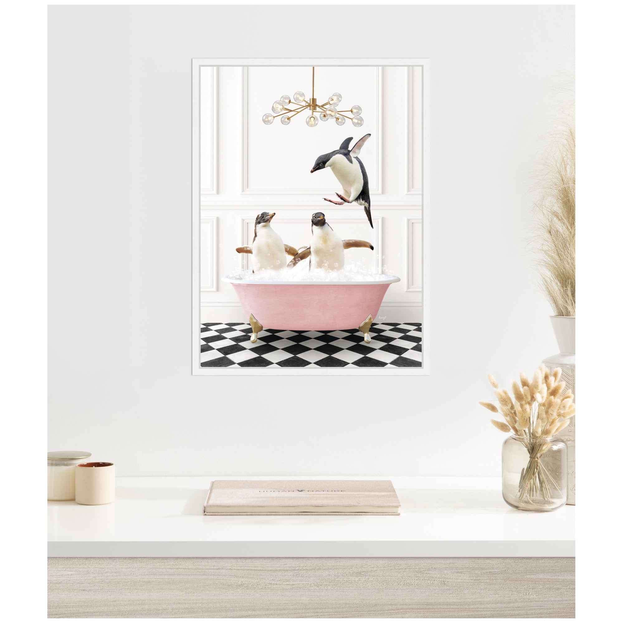 Sylvie Penguins in Pink Bathtub on Checker Floor Framed Canvas by Amy Peterson