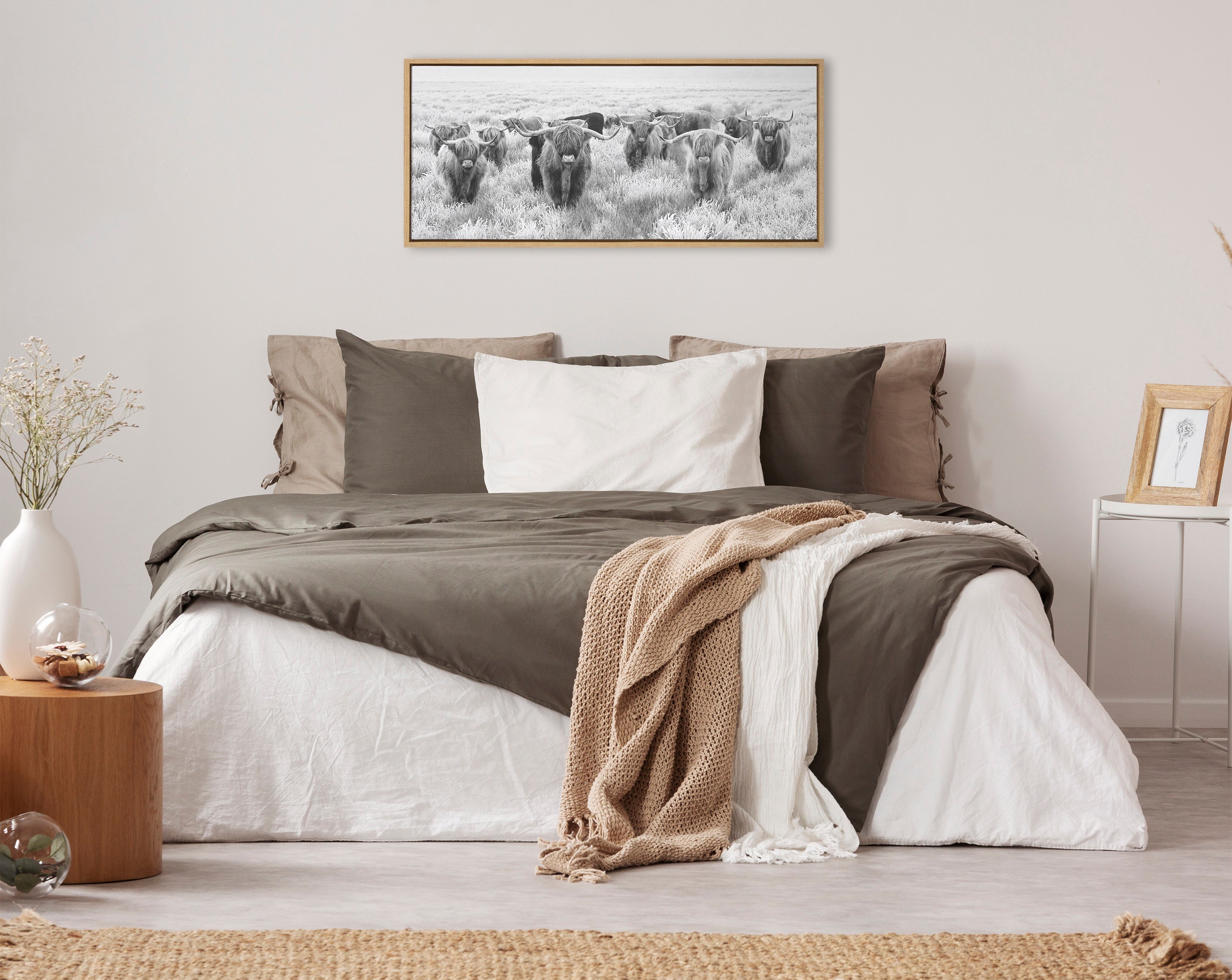 Sylvie Herd of Highland Cows Black and White Framed Canvas by The