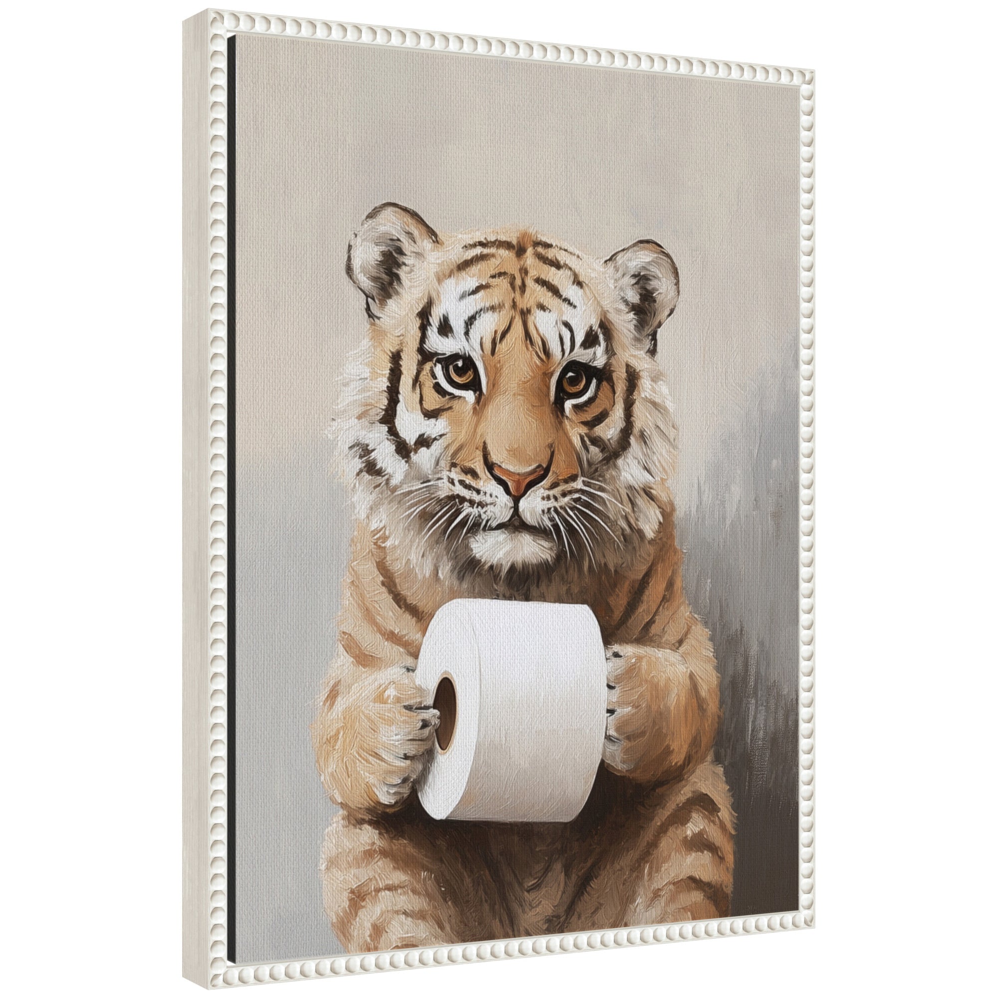 Framed canvas art showing a tiger cub holding a toilet paper roll by The Creative Bunch Studio