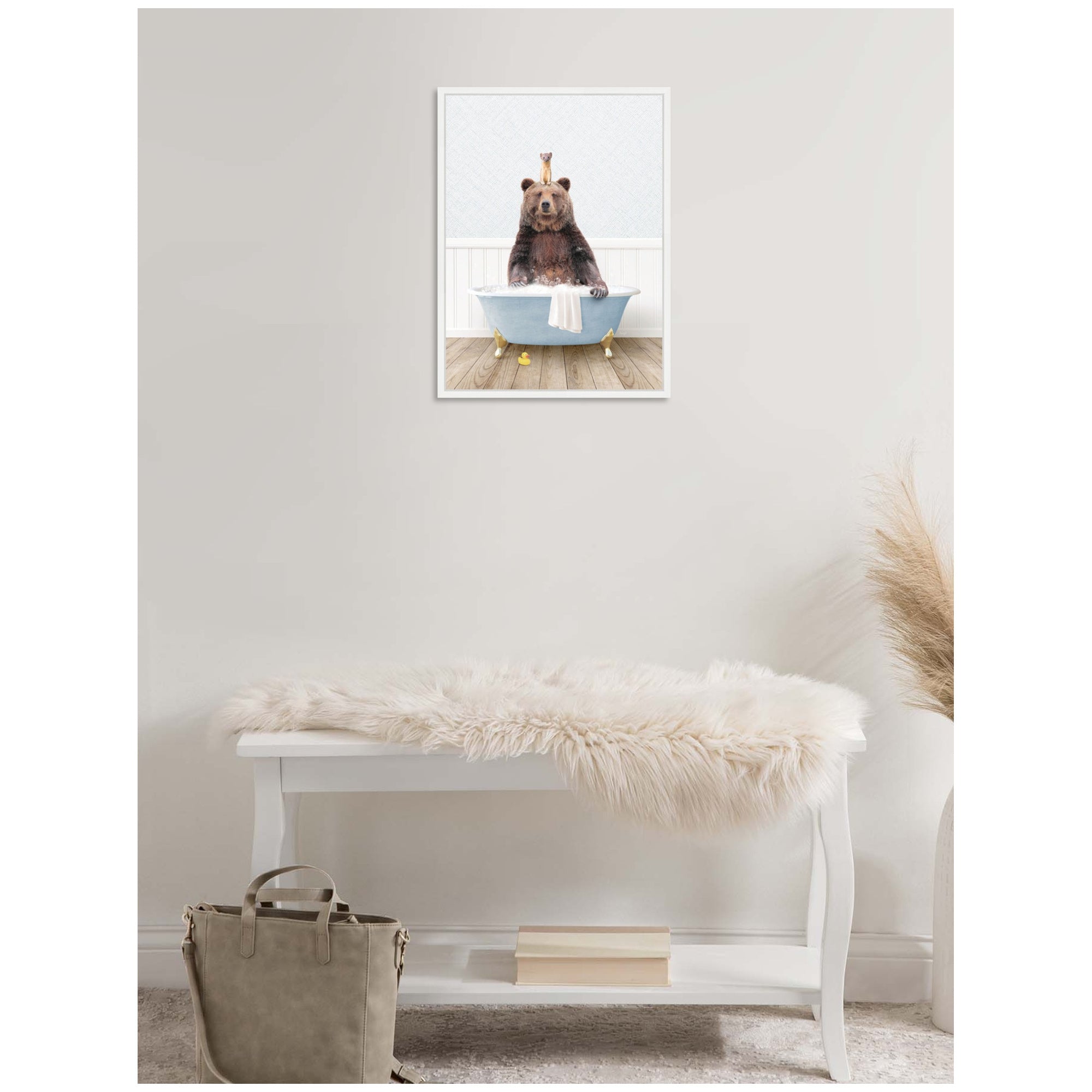 Sylvie Bear and Weasel in Cottage Blue Bathtub Framed Canvas by Amy Peterson