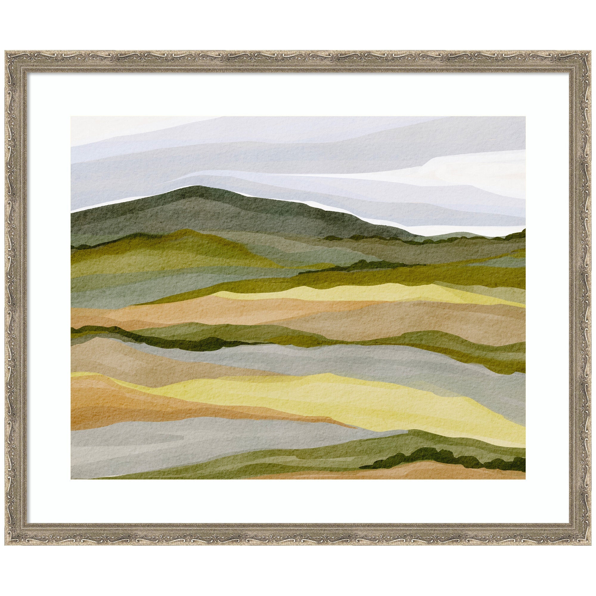 Framed Art Gentle Wilderness by Nikita Jariwala showing abstract watercolor landscape in earth tones with Mila Dark Silver frame