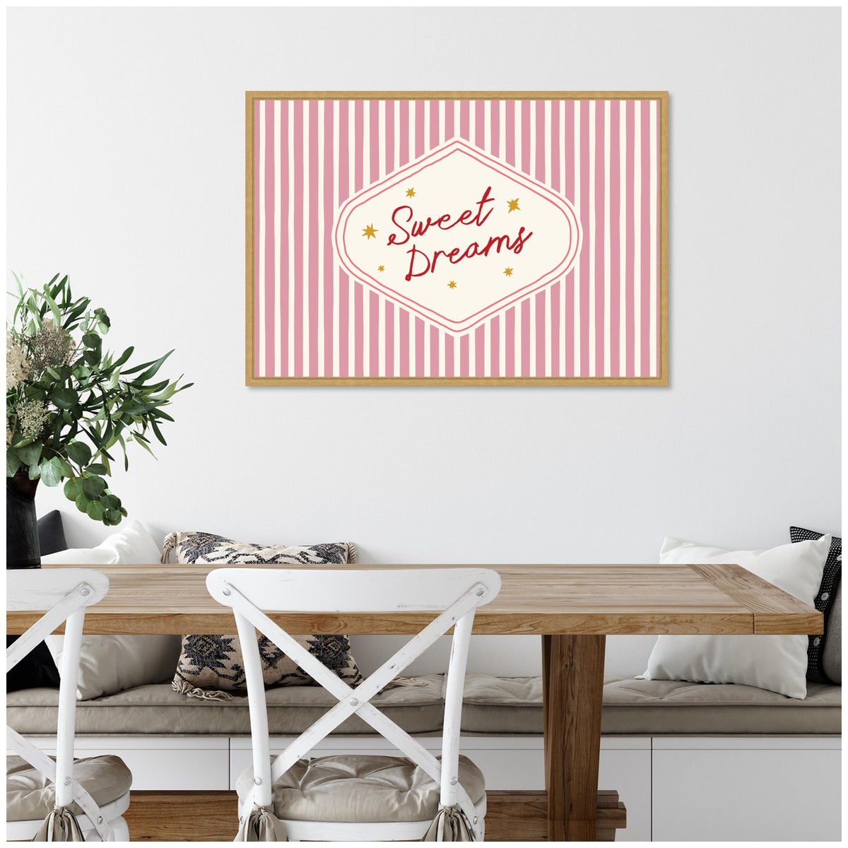 Sweet Dreams Retro Typography Pink and Red Stripe Framed Canvas Wall Art Print