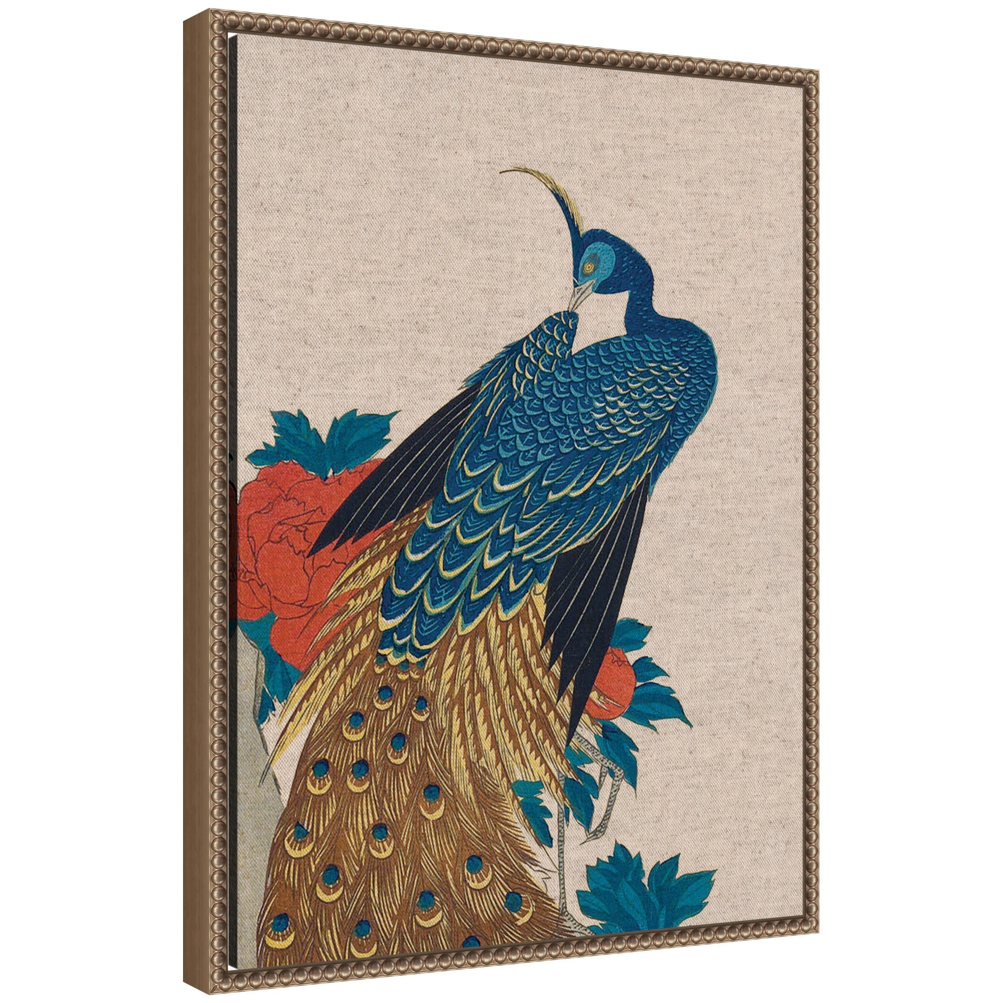 Sylvie Peacock and Peonies 1840 Utagawa Hiroshige Neutral Linen Framed Canvas wall art with peacock and floral motif