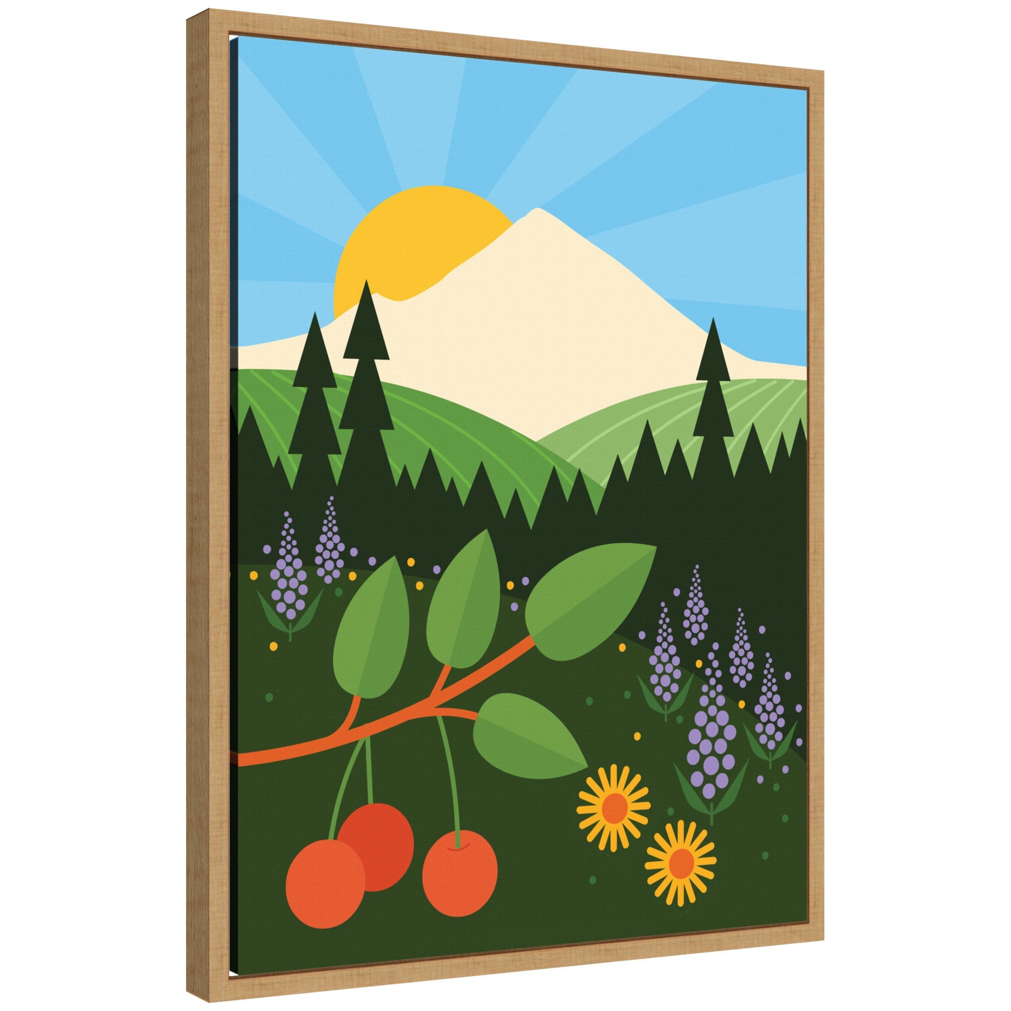 Framed canvas art titled Sylvie Mount Hood by Amber Leaders showing an atmospheric layered landscape with trees and mountains