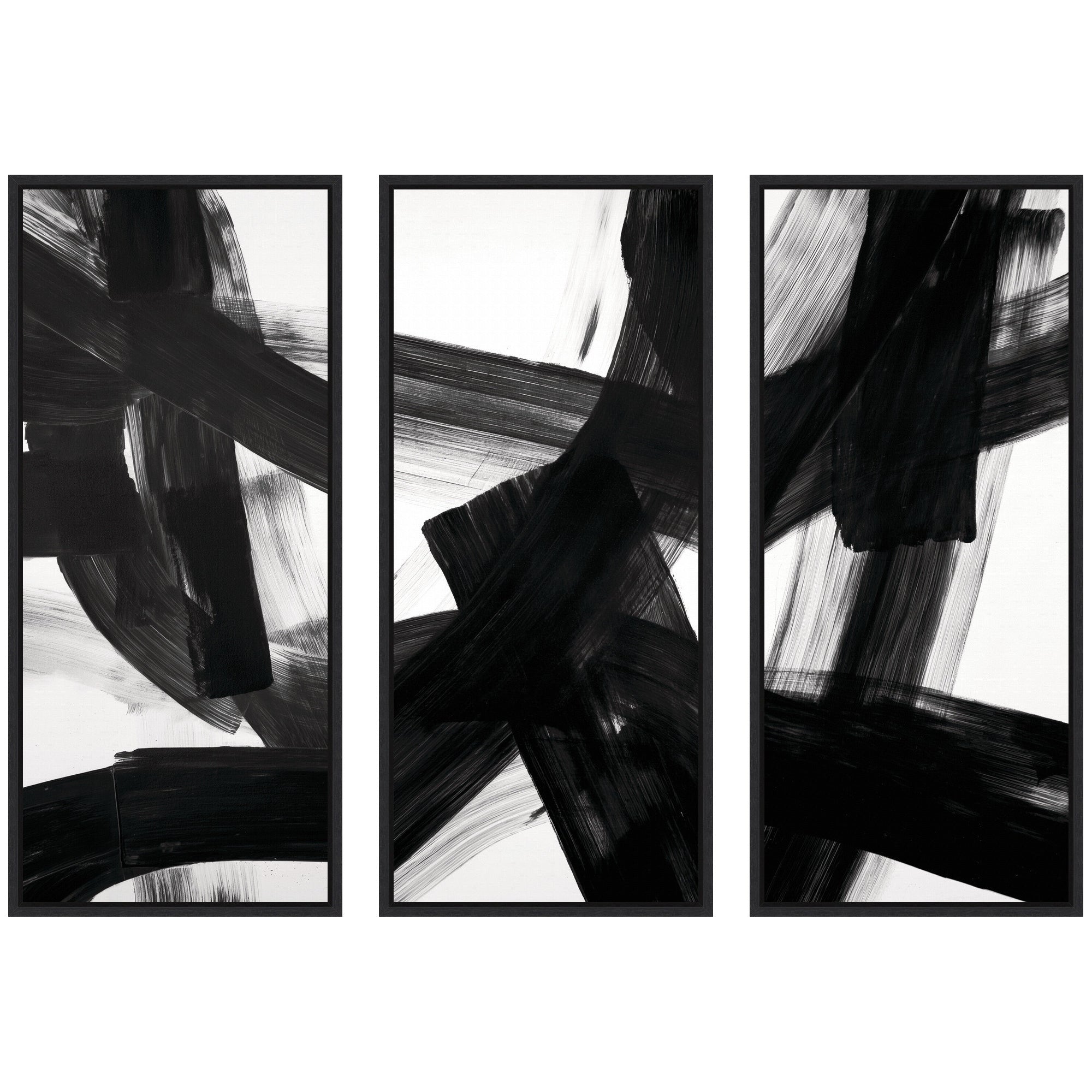 Black Mark No.
1, No.
2, & No.
3 three-piece framed canvas wall art set by Amy Lighthall, shown with black Sylvie frames